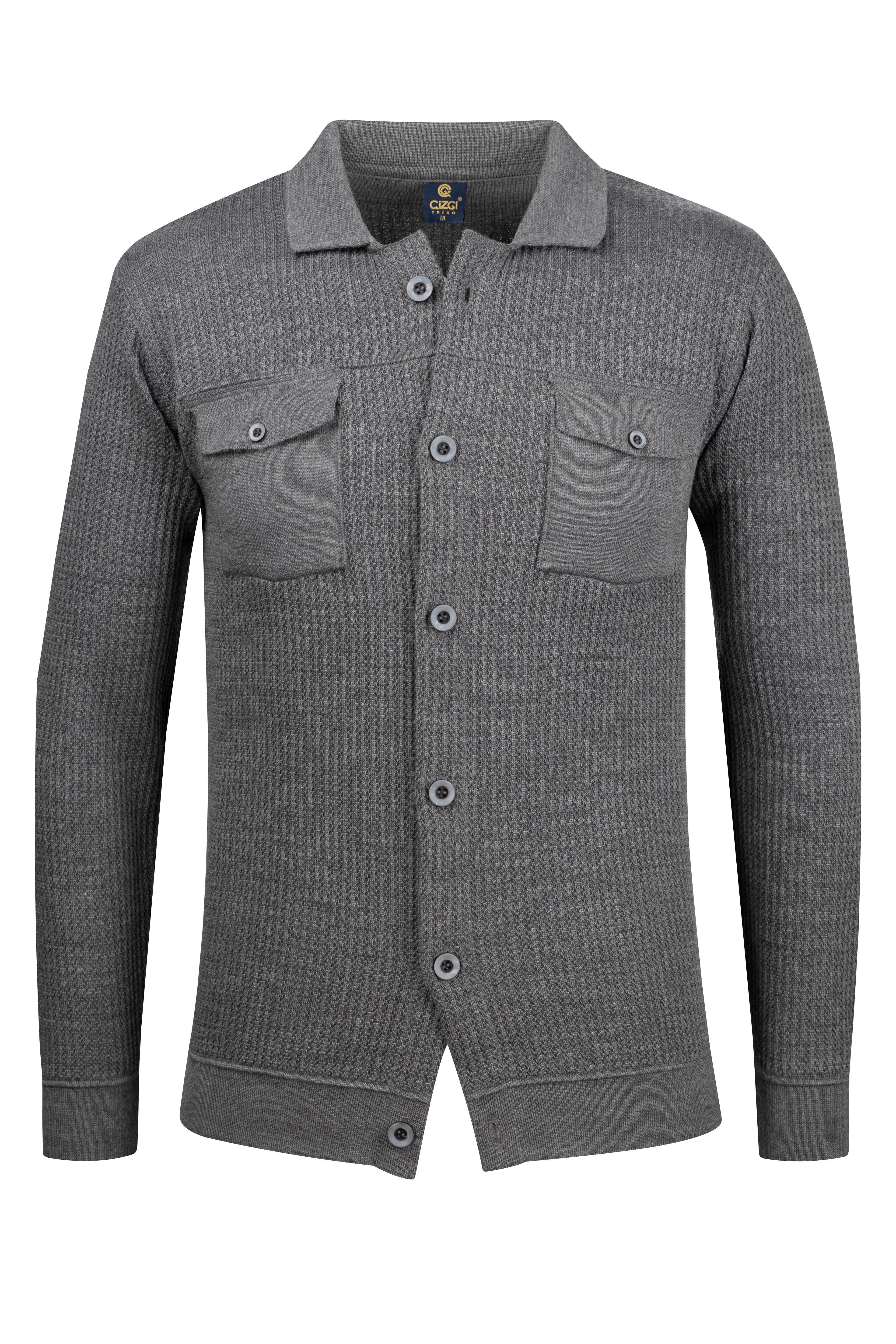 Stripe Knitwear Men's Buttoned Double Pocket Knitwear Knitted Patterned Blazer Single Jacket Regular Pattern -5017G - GREY