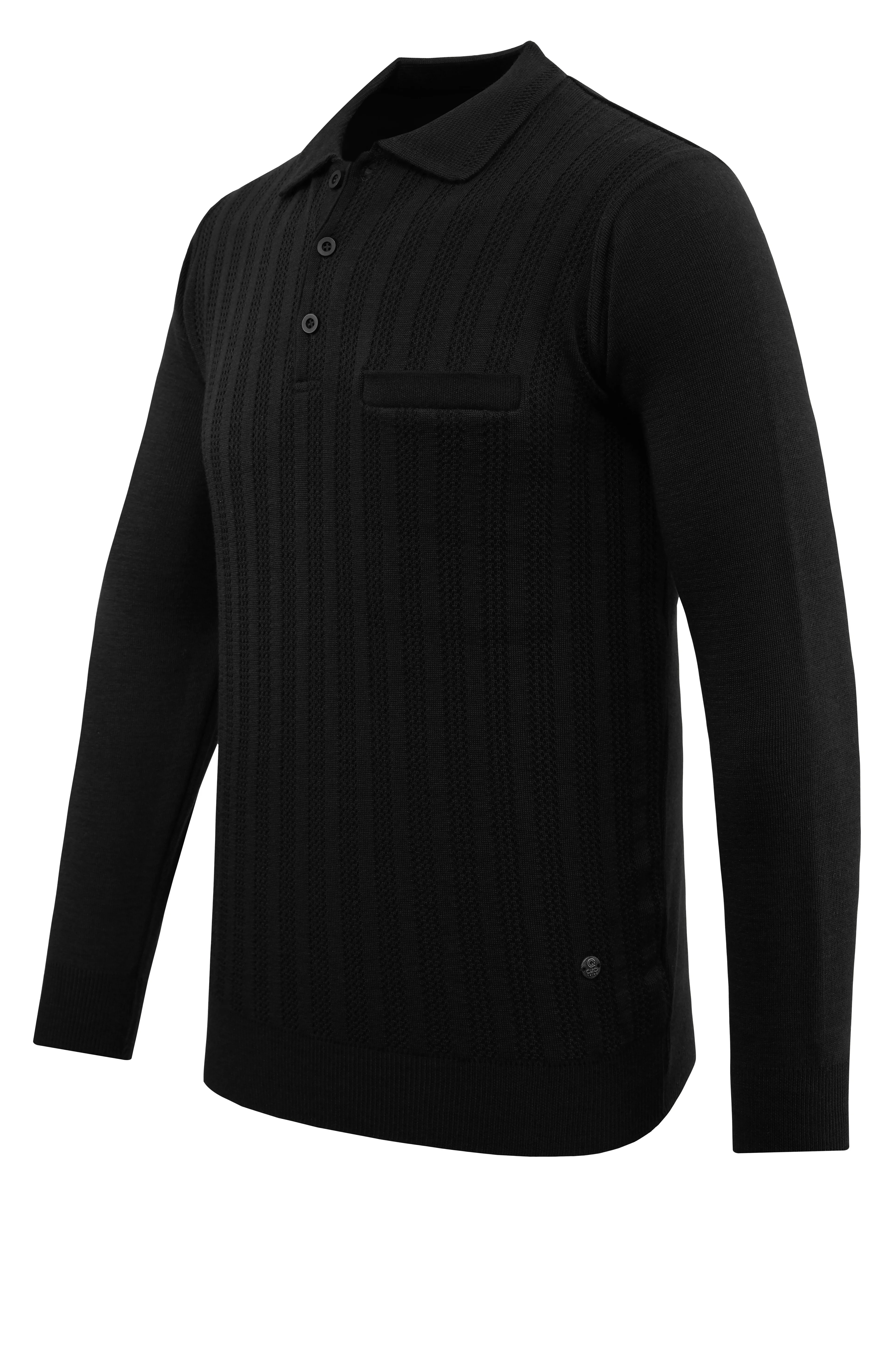 Erkek Polo Yaka Kazak Cepli Desen Çelik Örgü Klasik Kalıp - 5203F - BLACK