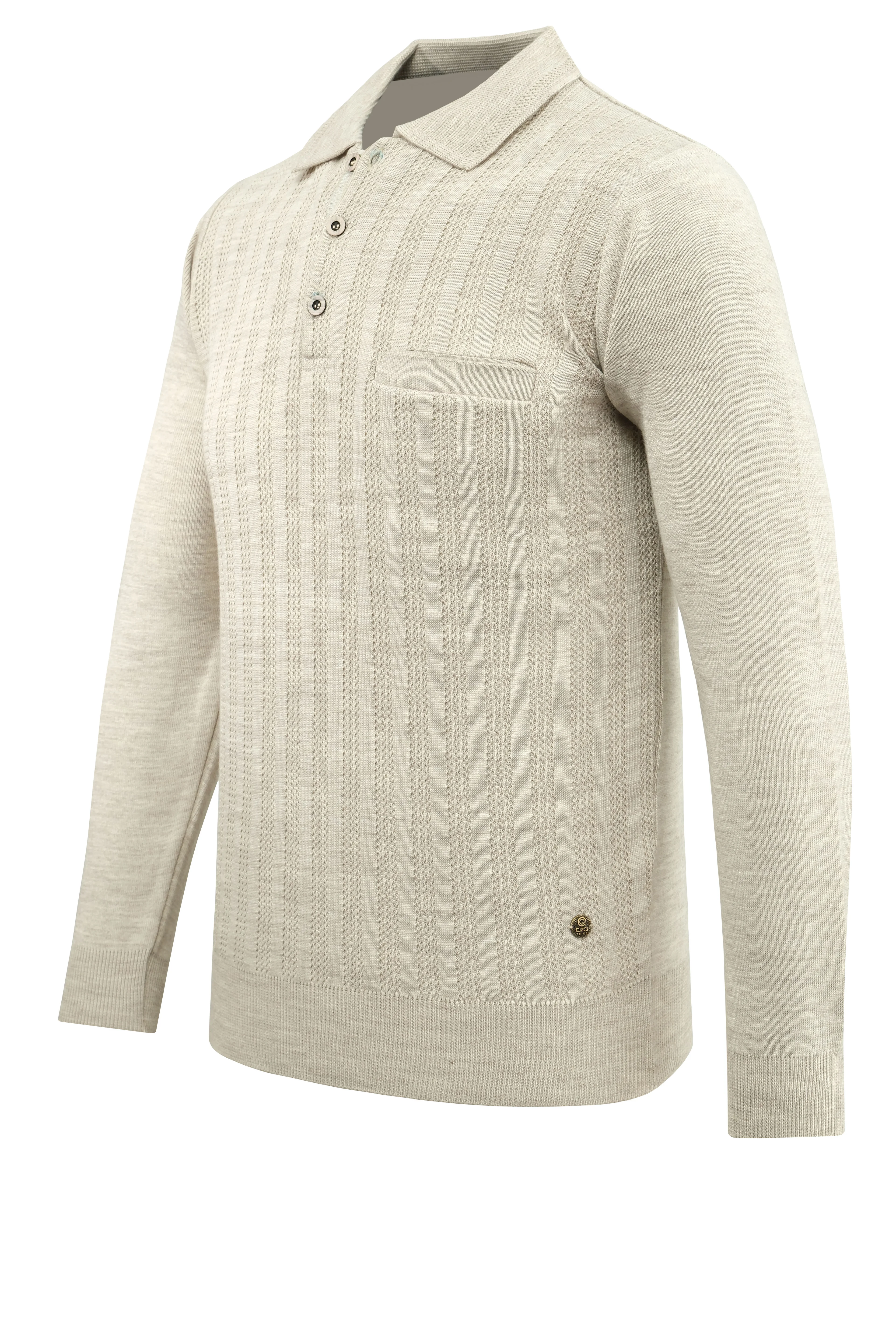 Erkek Polo Yaka Kazak Cepli Desen Çelik Örgü Klasik Kalıp - 5203F - STONE