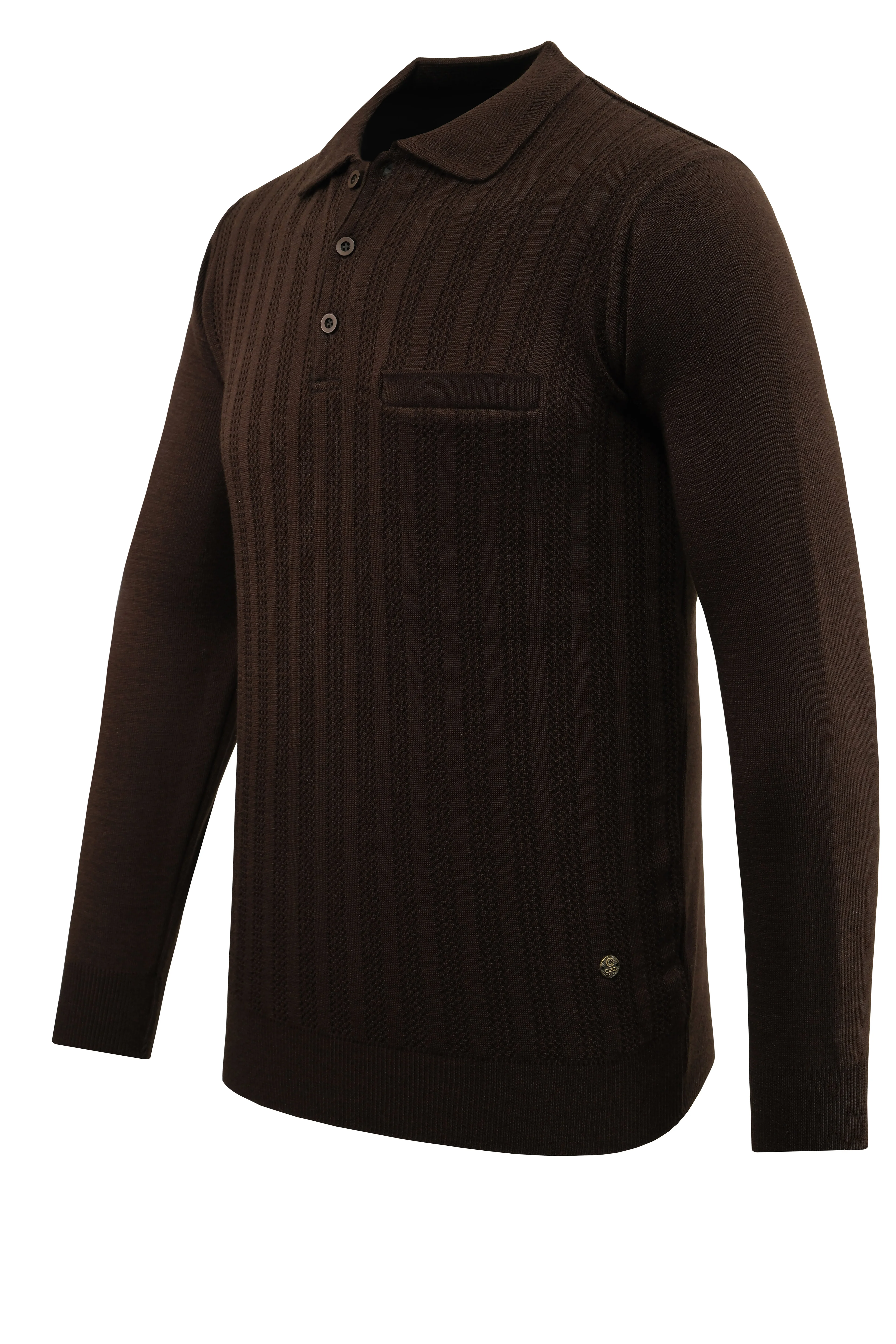 Erkek Polo Yaka Kazak Cepli Desen Çelik Örgü Klasik Kalıp - 5203F - BROWN