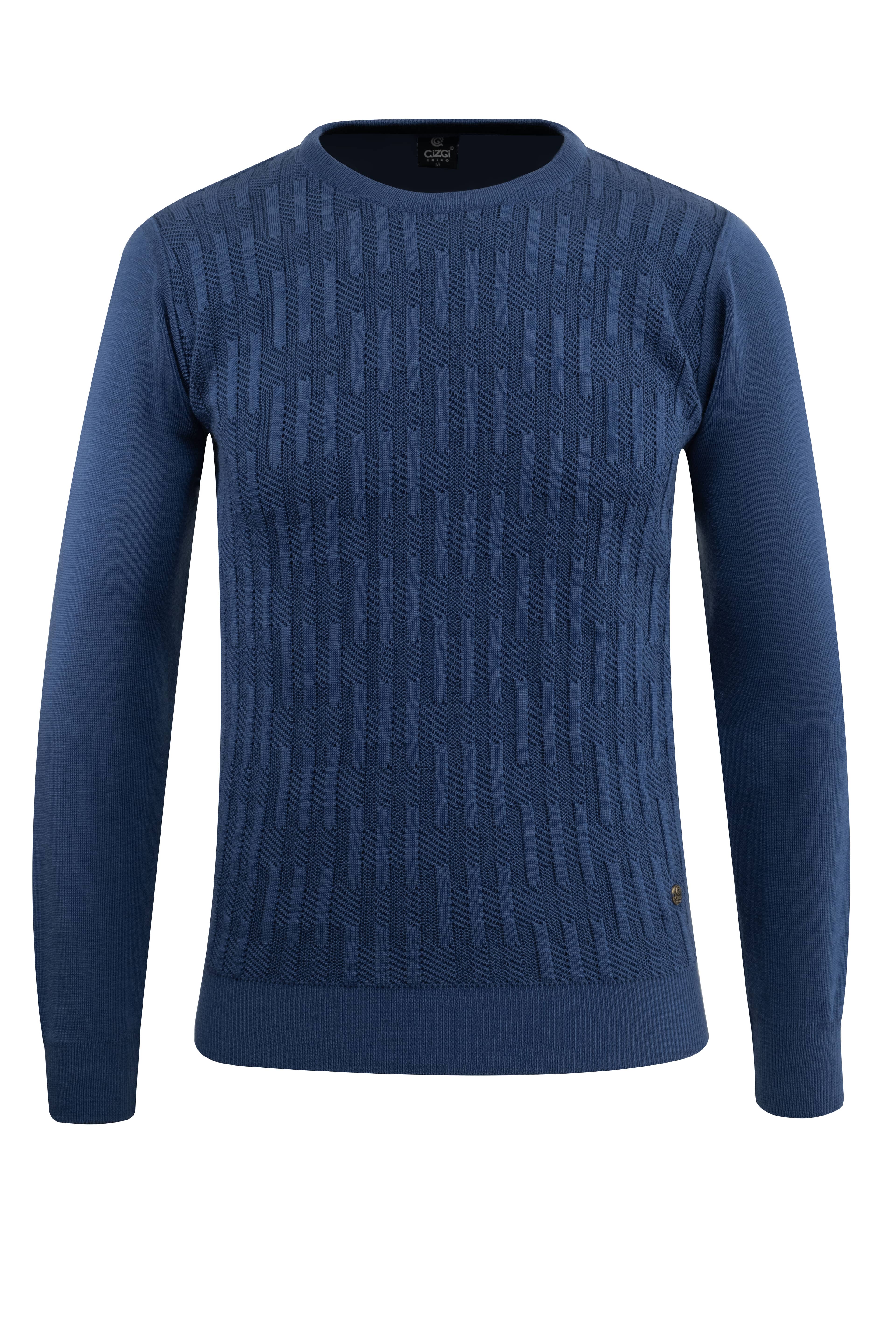Erkek Sıfır Yaka Kazak Desenli Çelik Örgü Klasik Kalıp - 5202C - BLUE