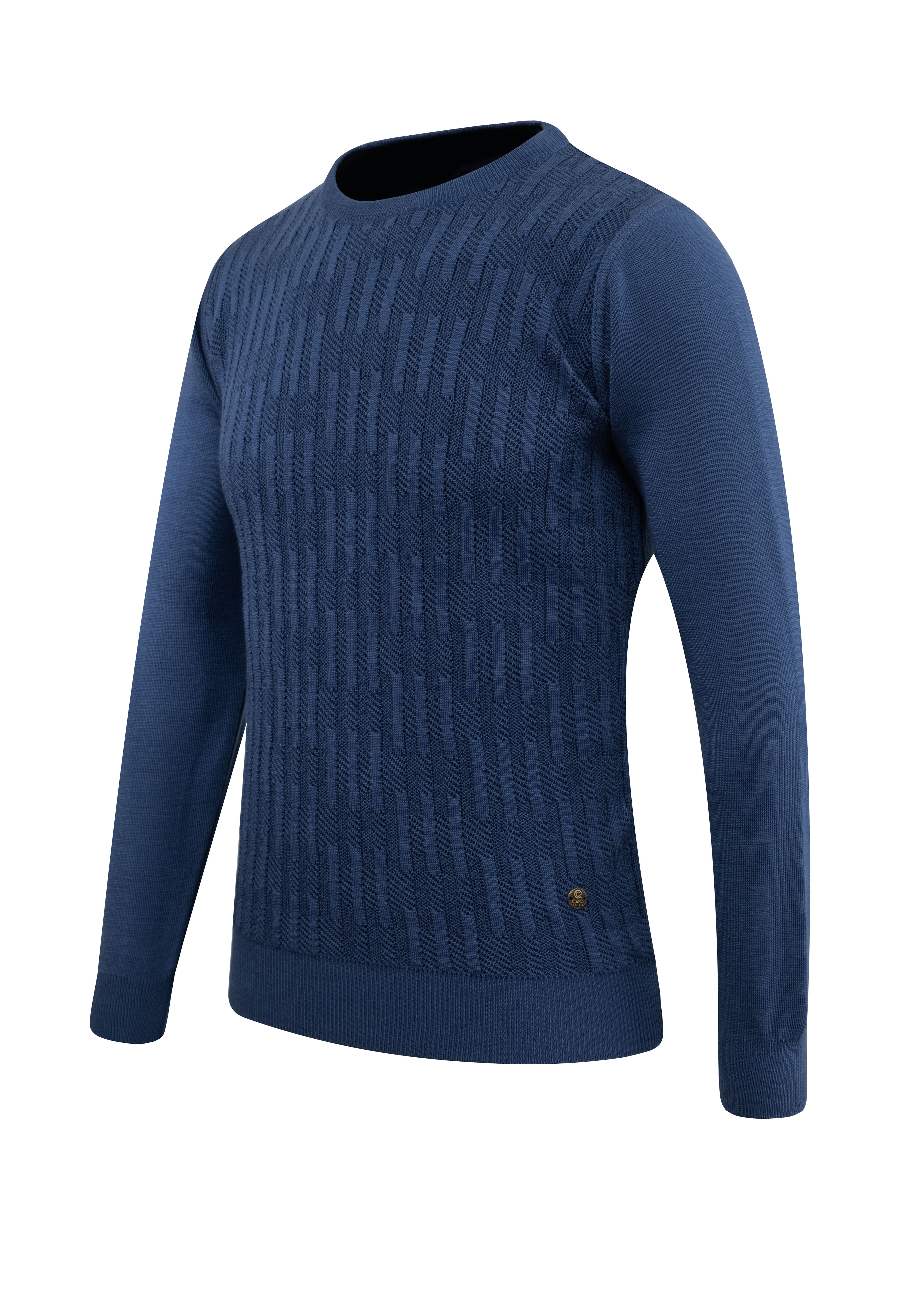 Erkek Sıfır Yaka Kazak Desenli Çelik Örgü Klasik Kalıp - 5202C - BLUE