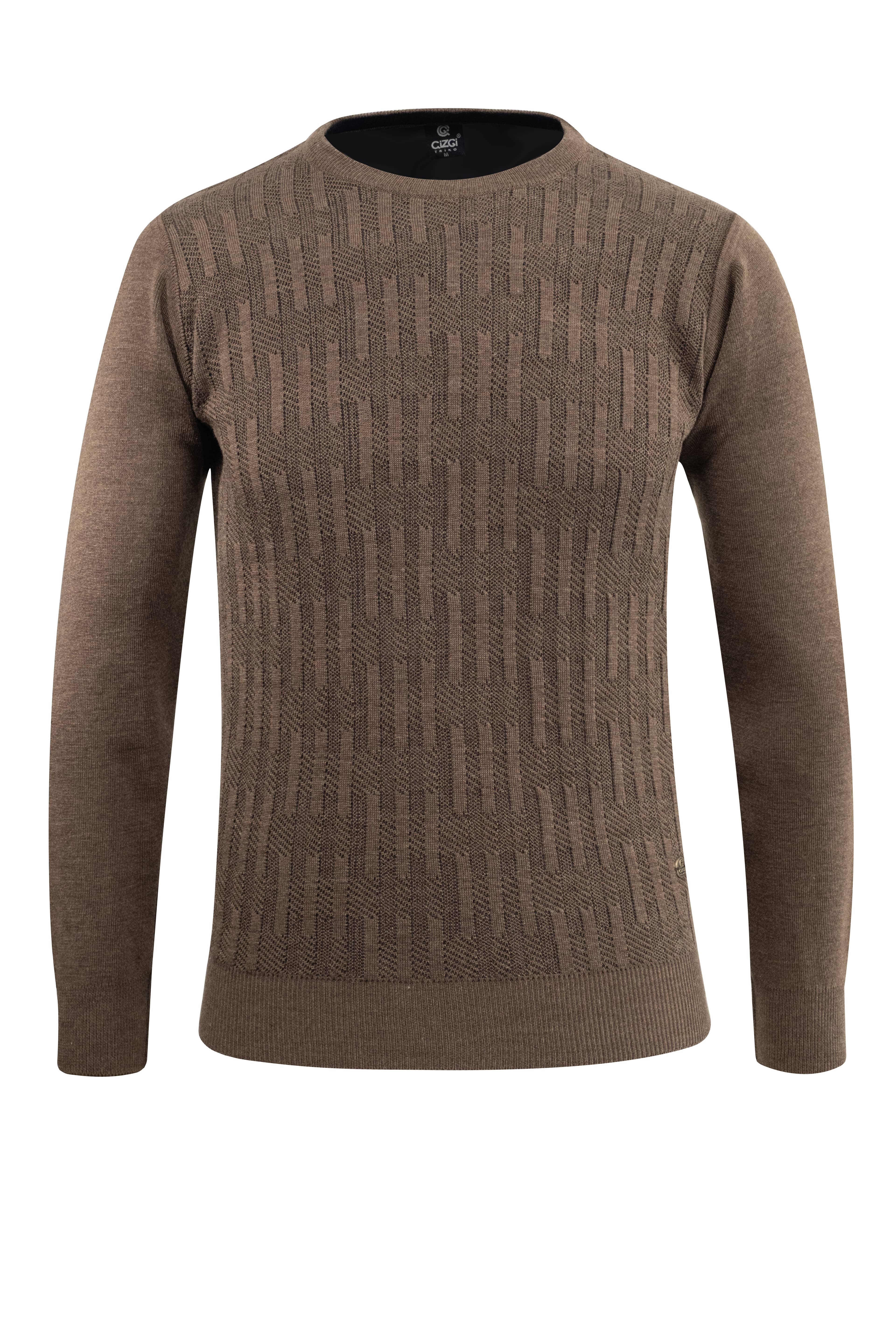 Erkek Sıfır Yaka Kazak Desenli Çelik Örgü Klasik Kalıp - 5202C - TAUPE