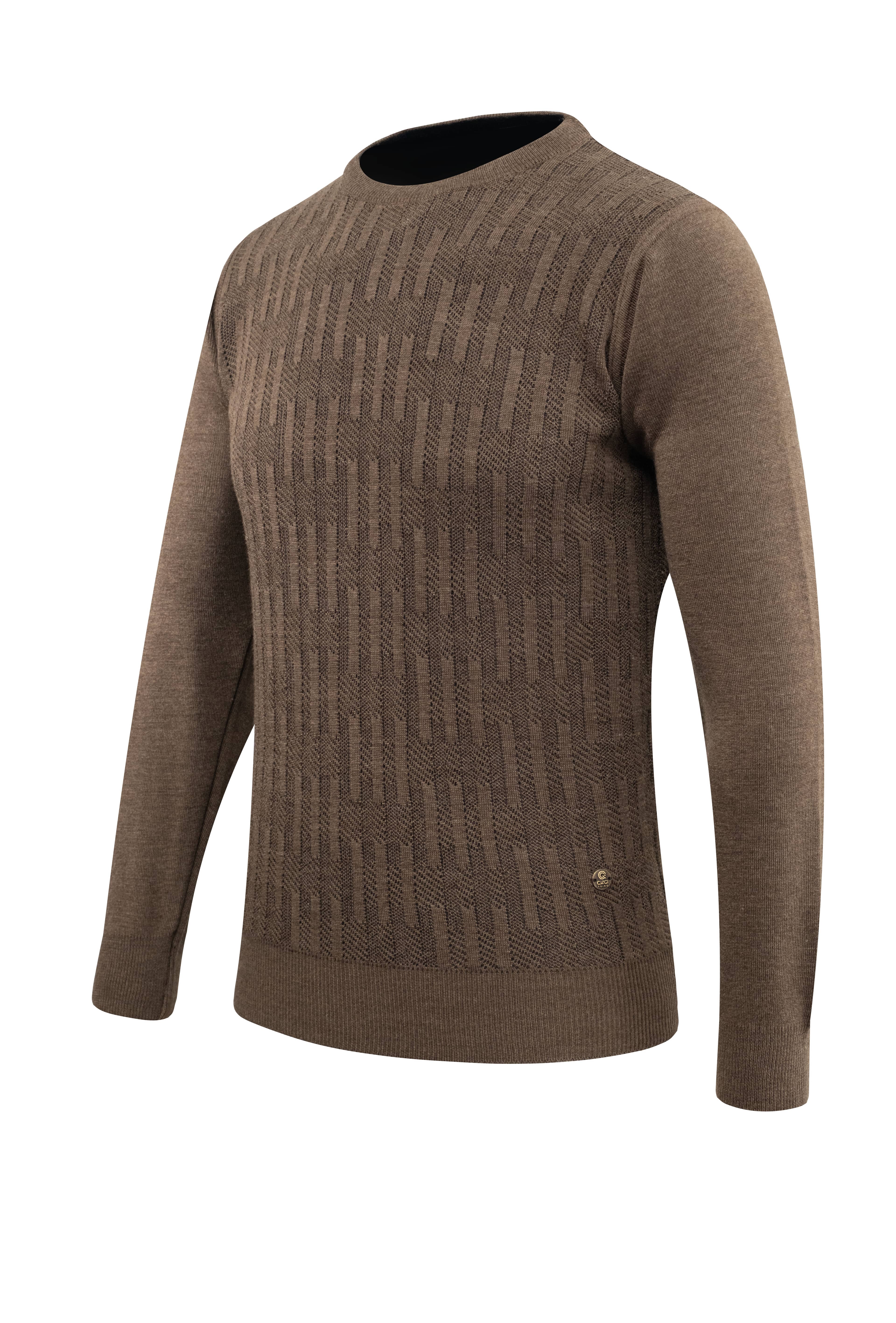 Erkek Sıfır Yaka Kazak Desenli Çelik Örgü Klasik Kalıp - 5202C - TAUPE