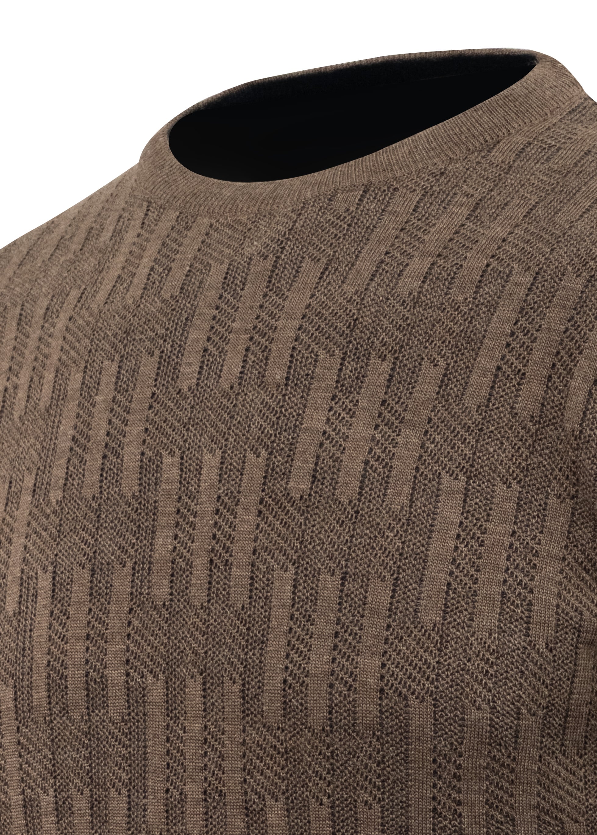 Erkek Sıfır Yaka Kazak Desenli Çelik Örgü Klasik Kalıp - 5202C - TAUPE