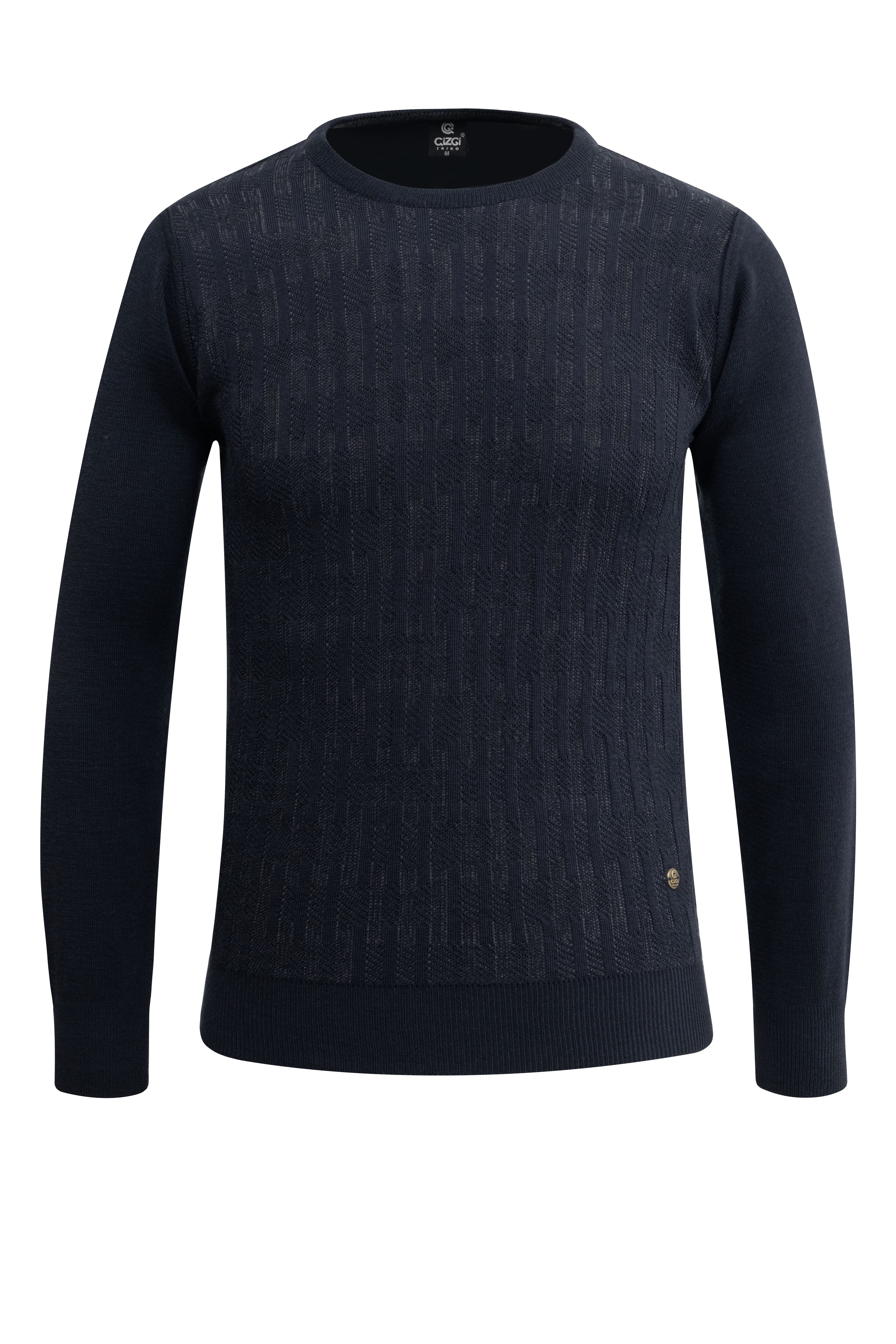 Erkek Sıfır Yaka Kazak Desenli Çelik Örgü Klasik Kalıp - 5202C - NAVY BLUE