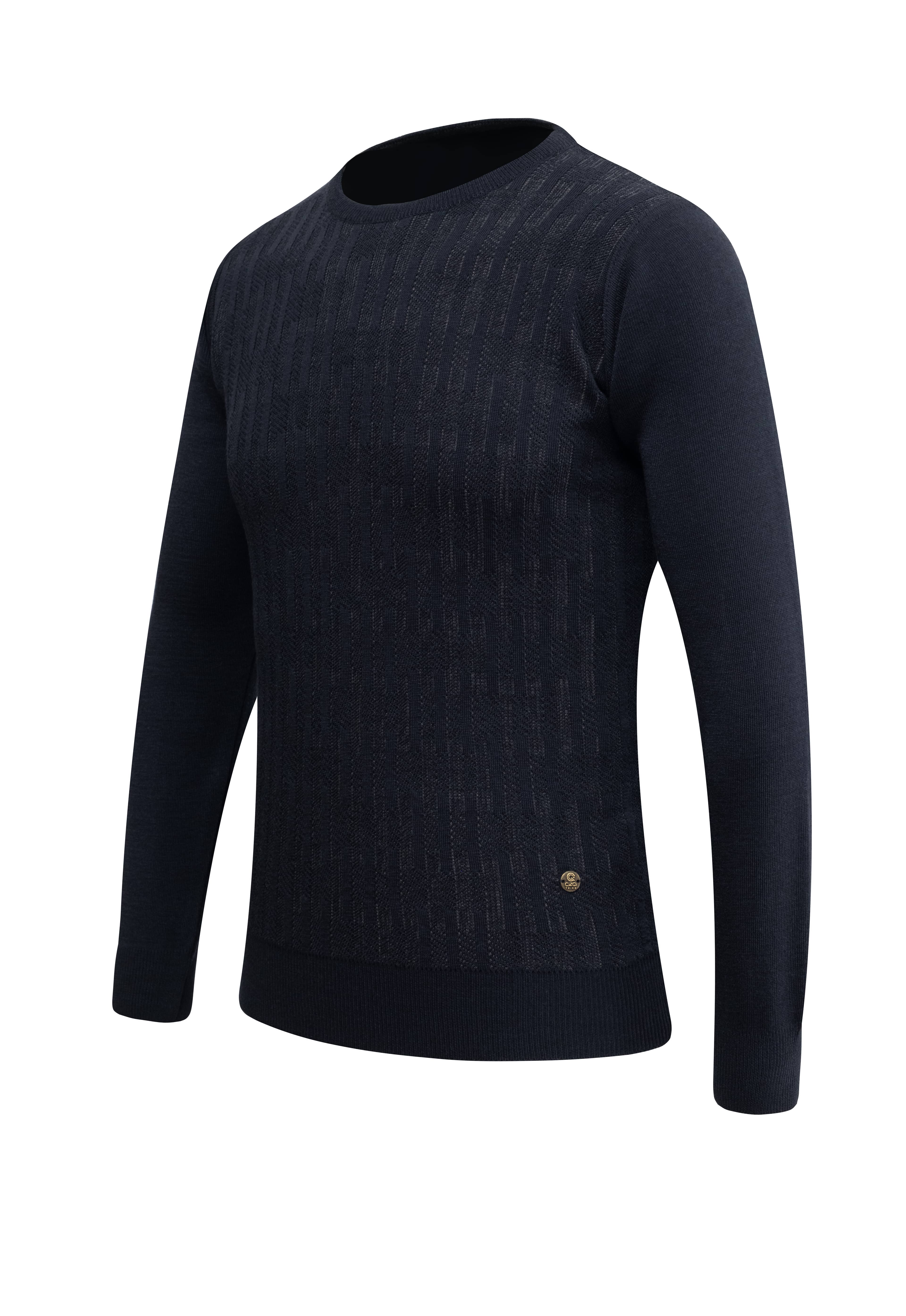 Erkek Sıfır Yaka Kazak Desenli Çelik Örgü Klasik Kalıp - 5202C - NAVY BLUE