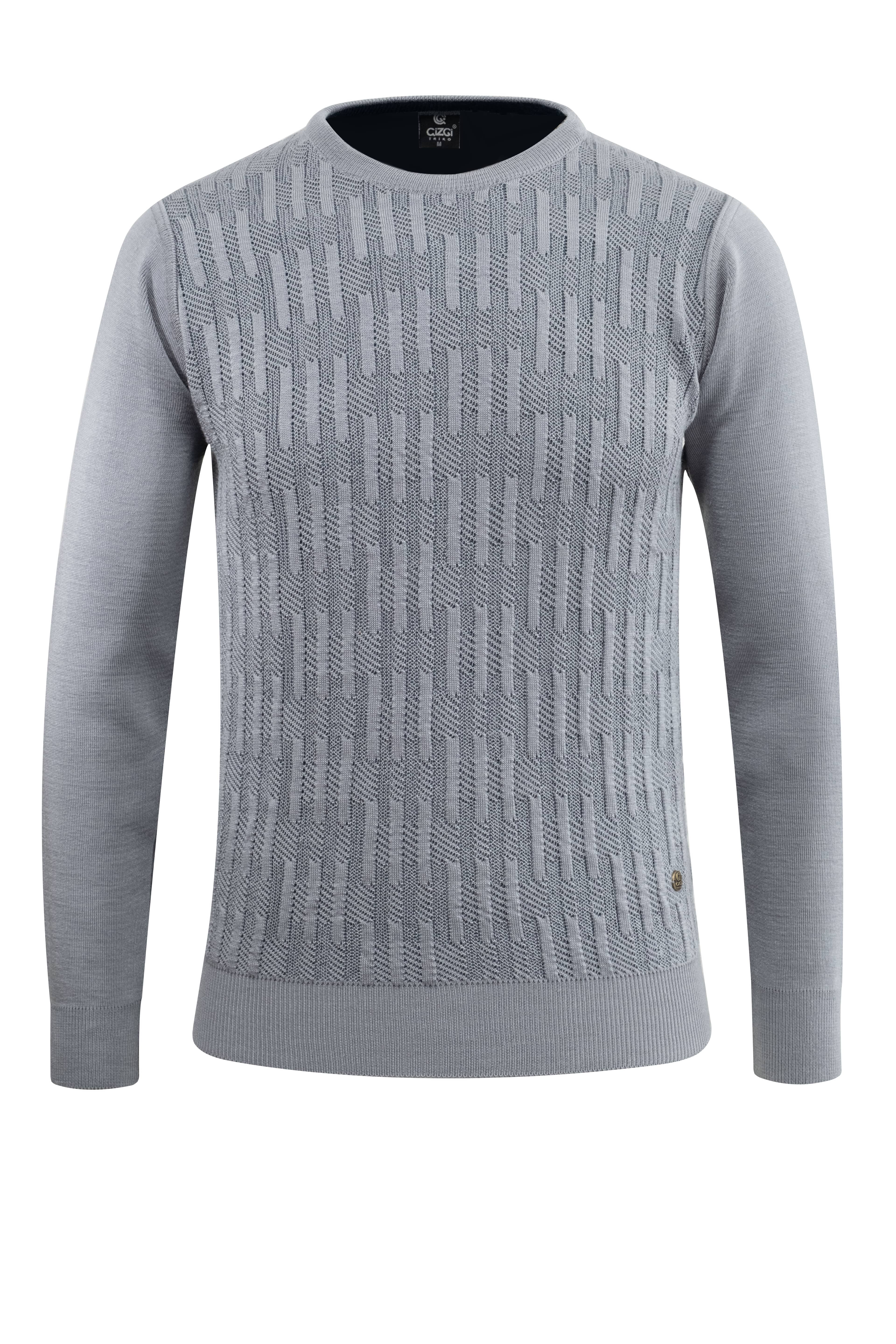Erkek Sıfır Yaka Kazak Desenli Çelik Örgü Klasik Kalıp - 5202C - GREY
