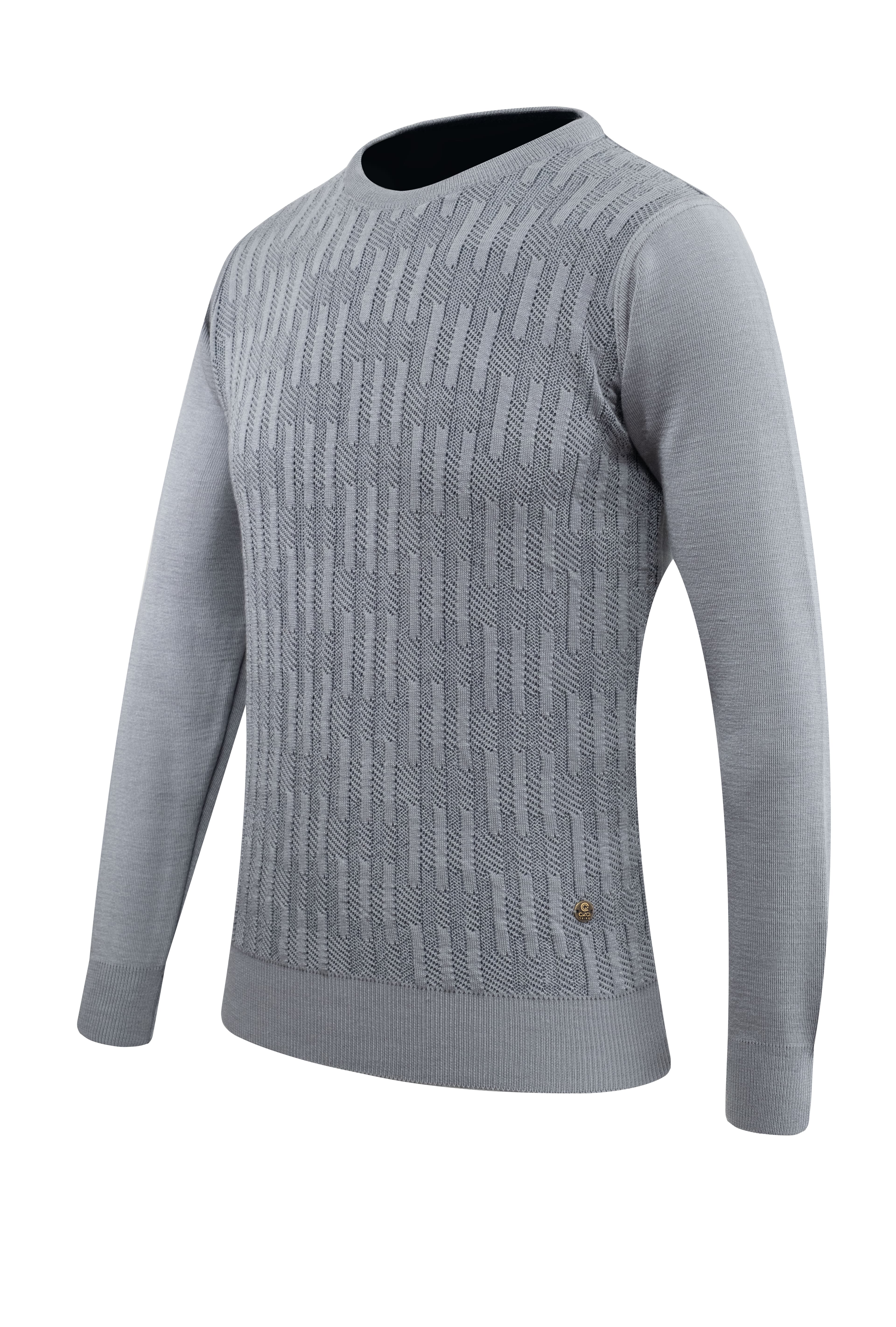 Erkek Sıfır Yaka Kazak Desenli Çelik Örgü Klasik Kalıp - 5202C - GREY
