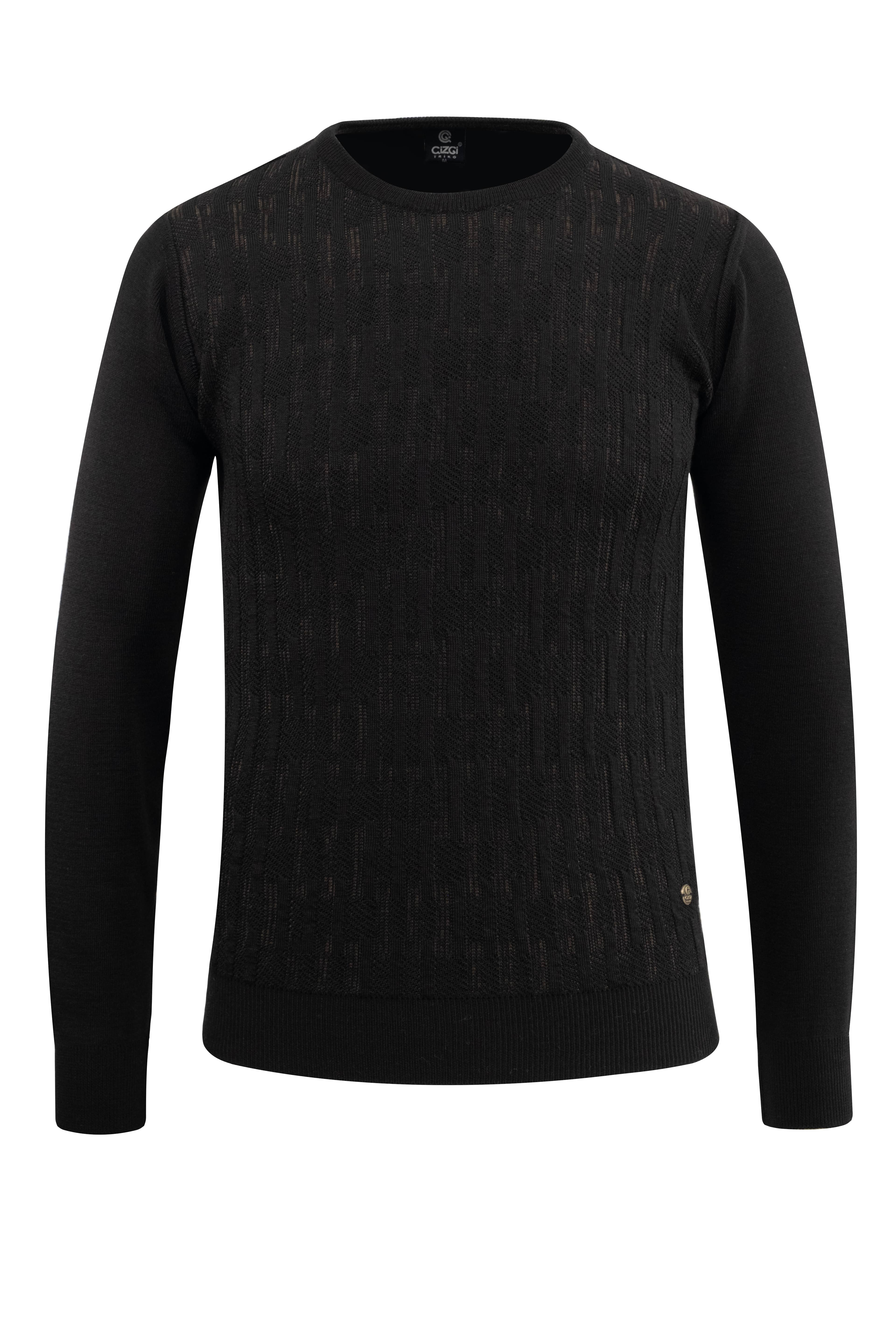 Erkek Sıfır Yaka Kazak Desenli Çelik Örgü Klasik Kalıp - 5202C - BLACK