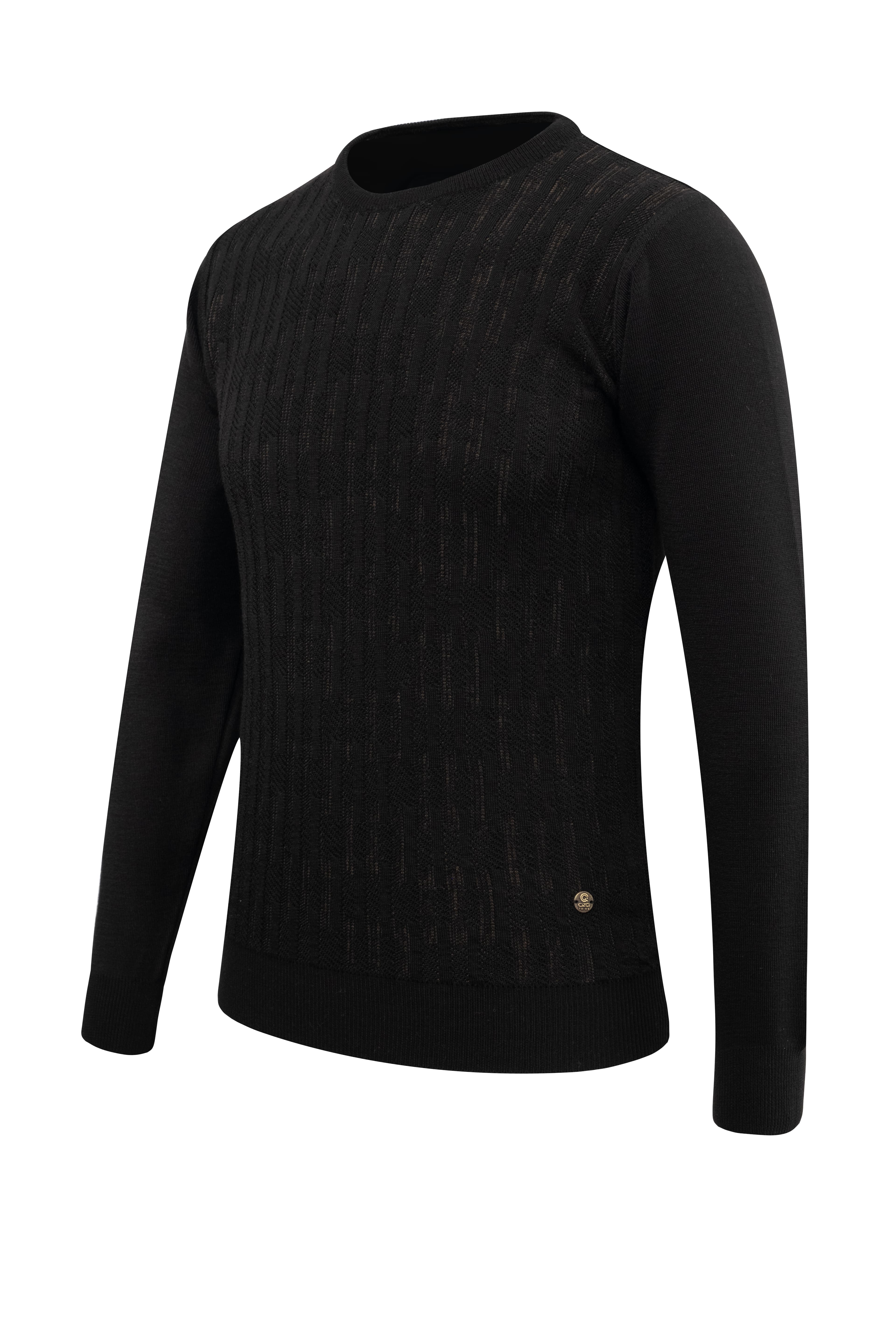 Erkek Sıfır Yaka Kazak Desenli Çelik Örgü Klasik Kalıp - 5202C - BLACK
