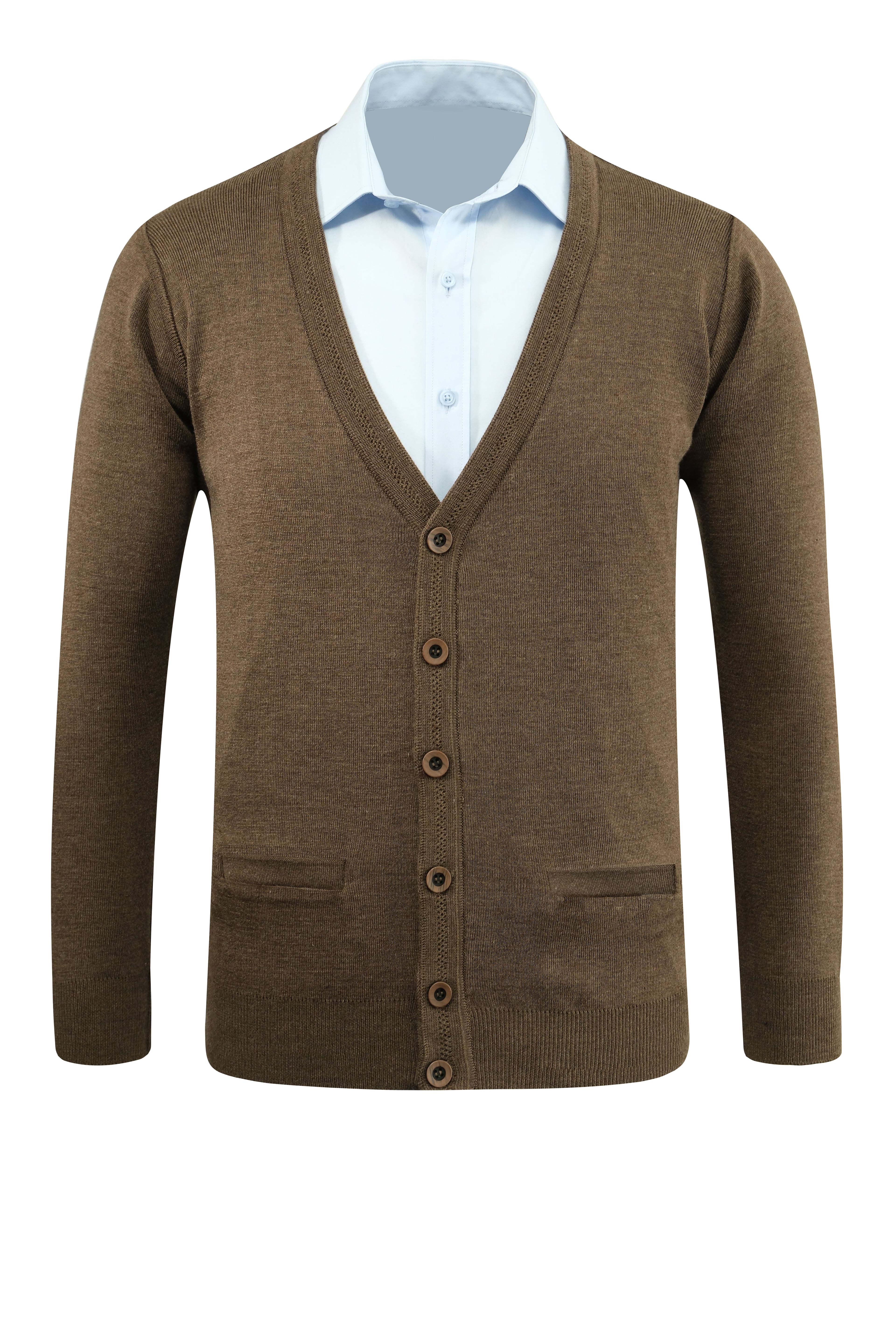 Erkek Büyük Beden Düğmeli Hırka Cepli Düz Renk Çelik Örgü Klasik Kalıp - 5200MB - TAUPE