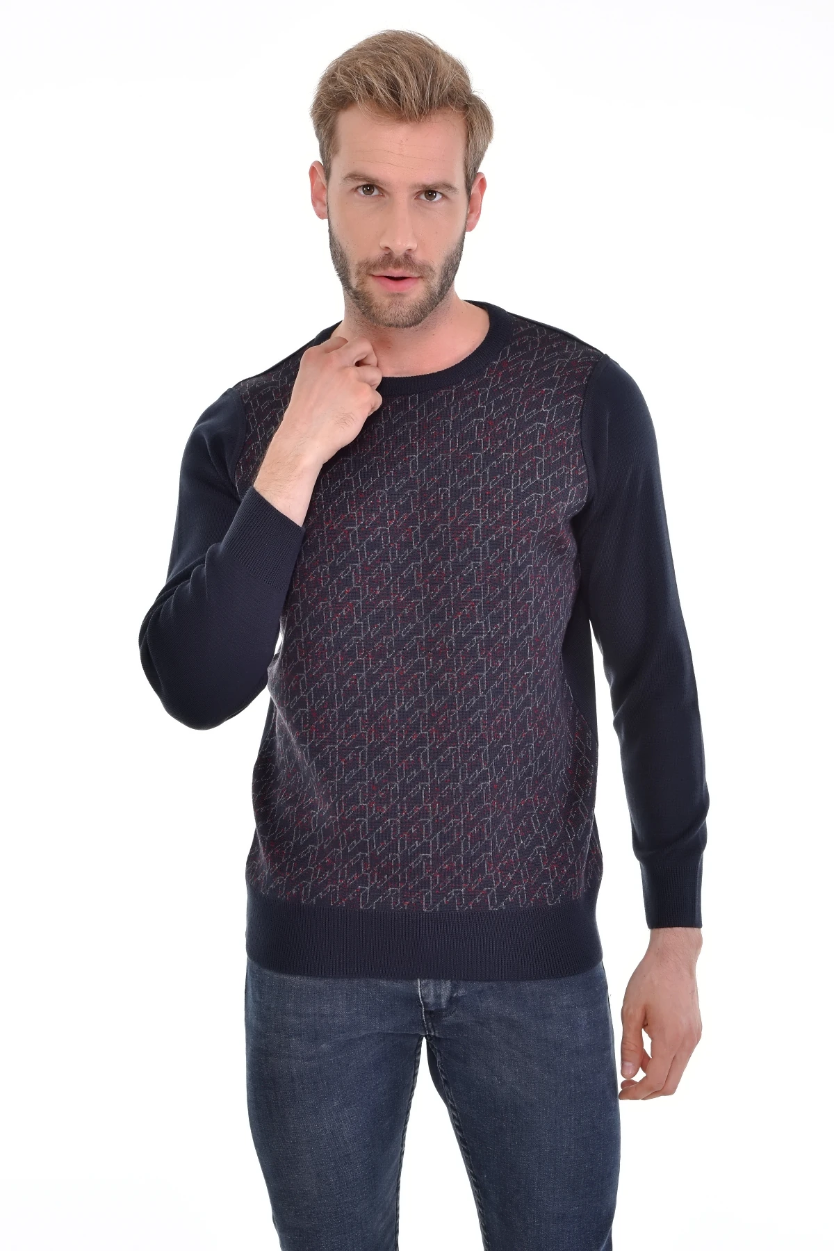 Çizgi Triko Erkek Sıfır Yaka Triko Kazak Desenli Kol Ve Bel Lastikli Dokuma Çelik Örgü - 4413C