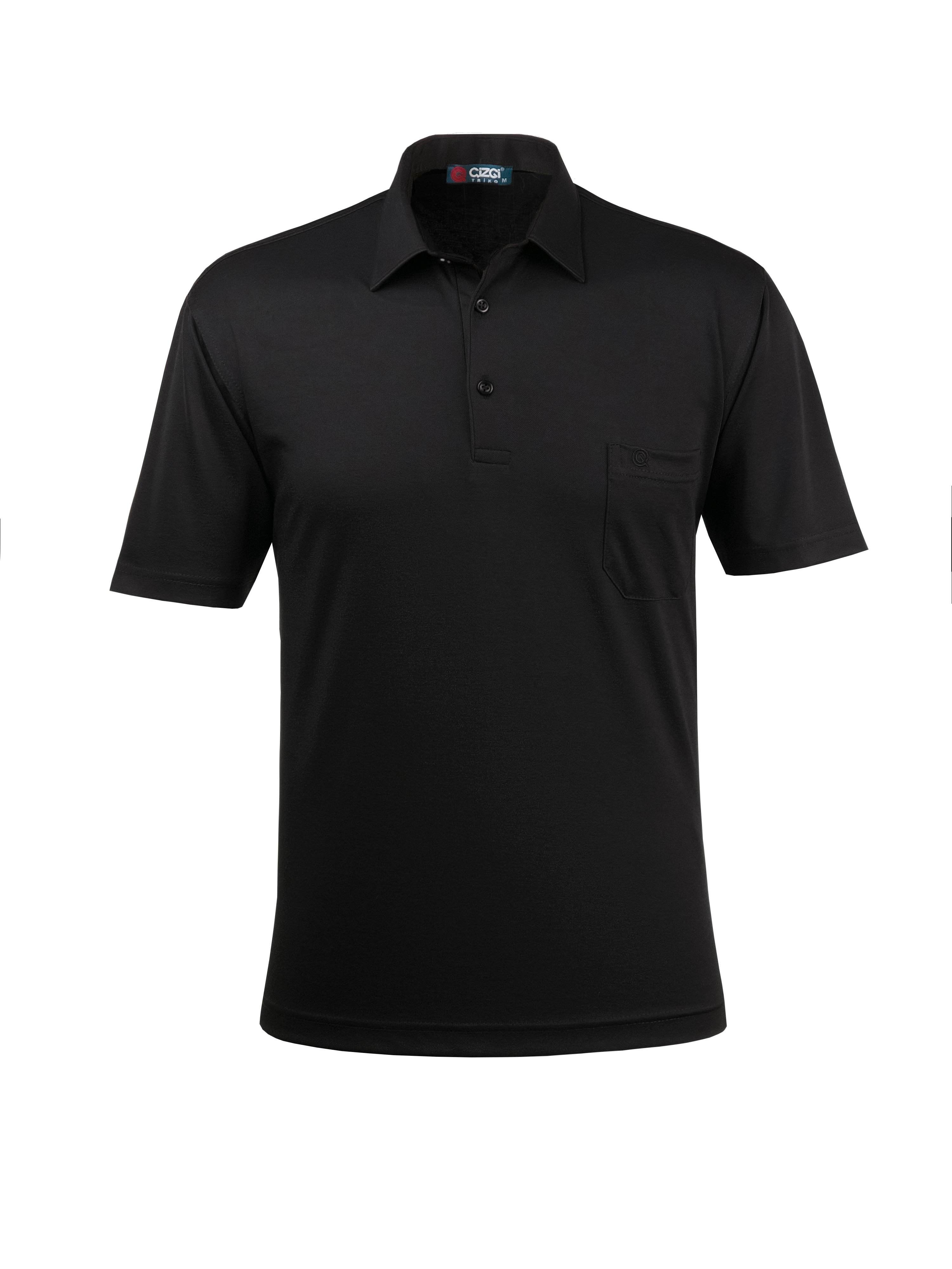 Erkek Gömlek Yaka Düğmeli Cepli Tişört Klasik Kalıp - SİYAH