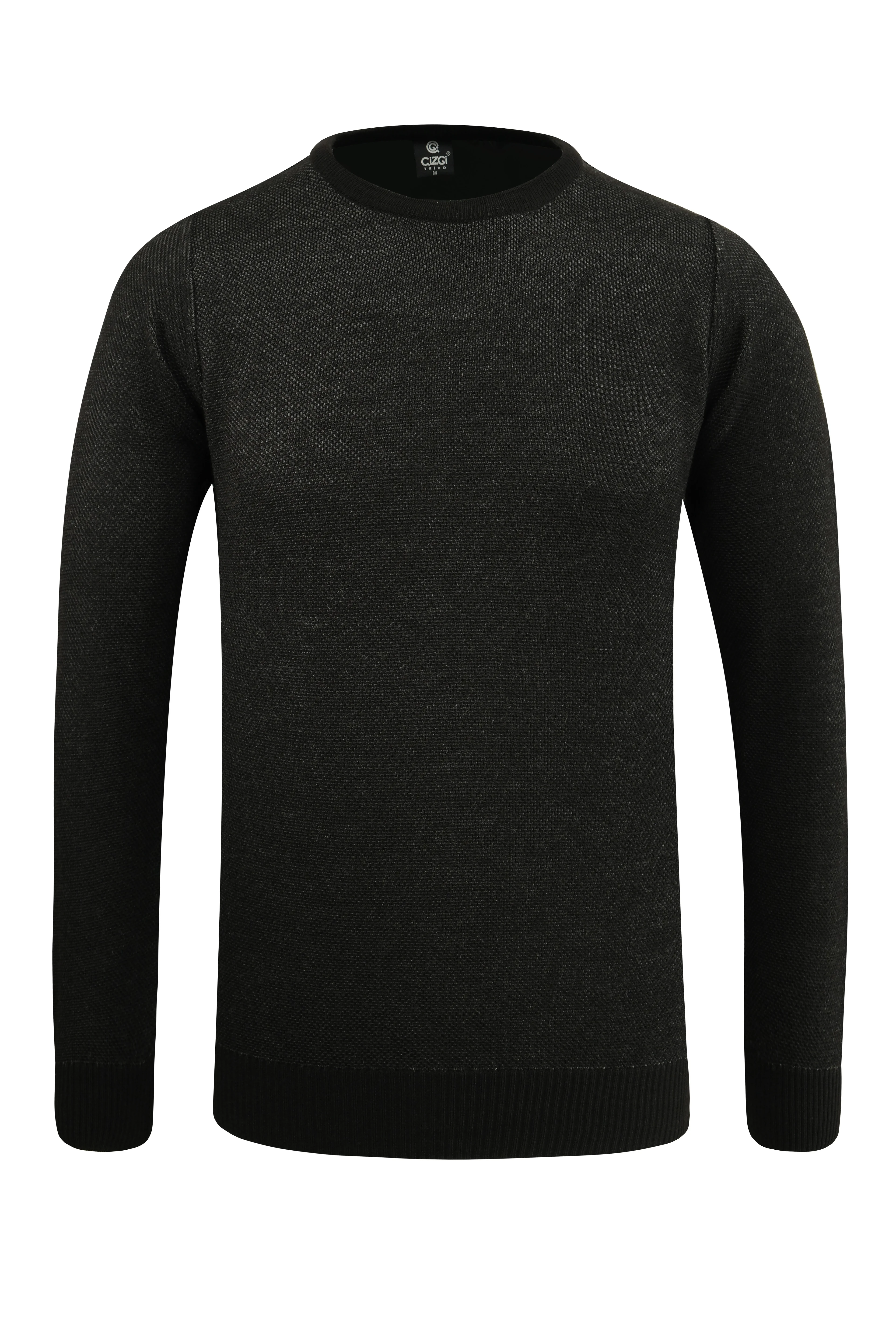 Erkek Sıfır Yaka Kazak Cepli Pike Desen Çelik Örgü Klasik Kalıp - 5214C - BLACK