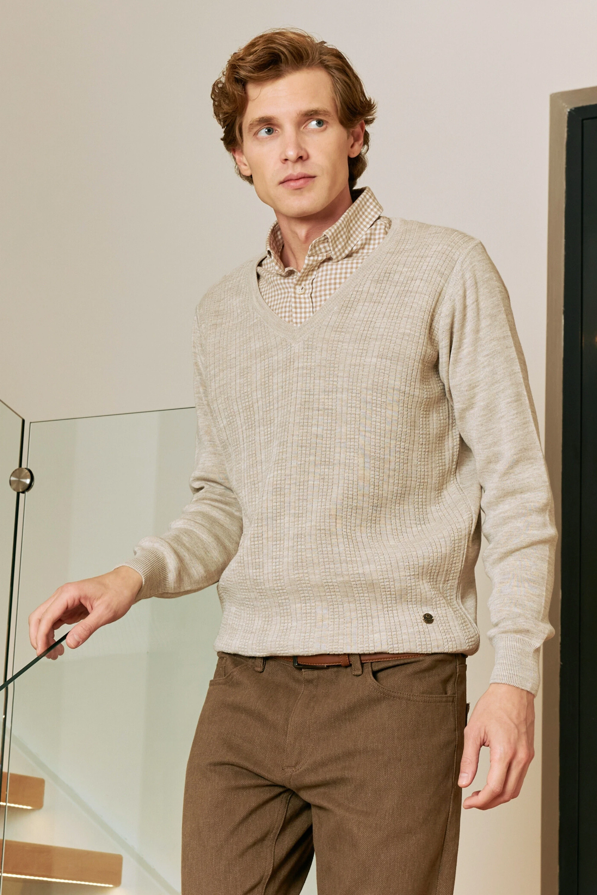 Erkek V Yaka Triko Kazak Çelik Örgü Desenli Klasik Kalıp - 5209D