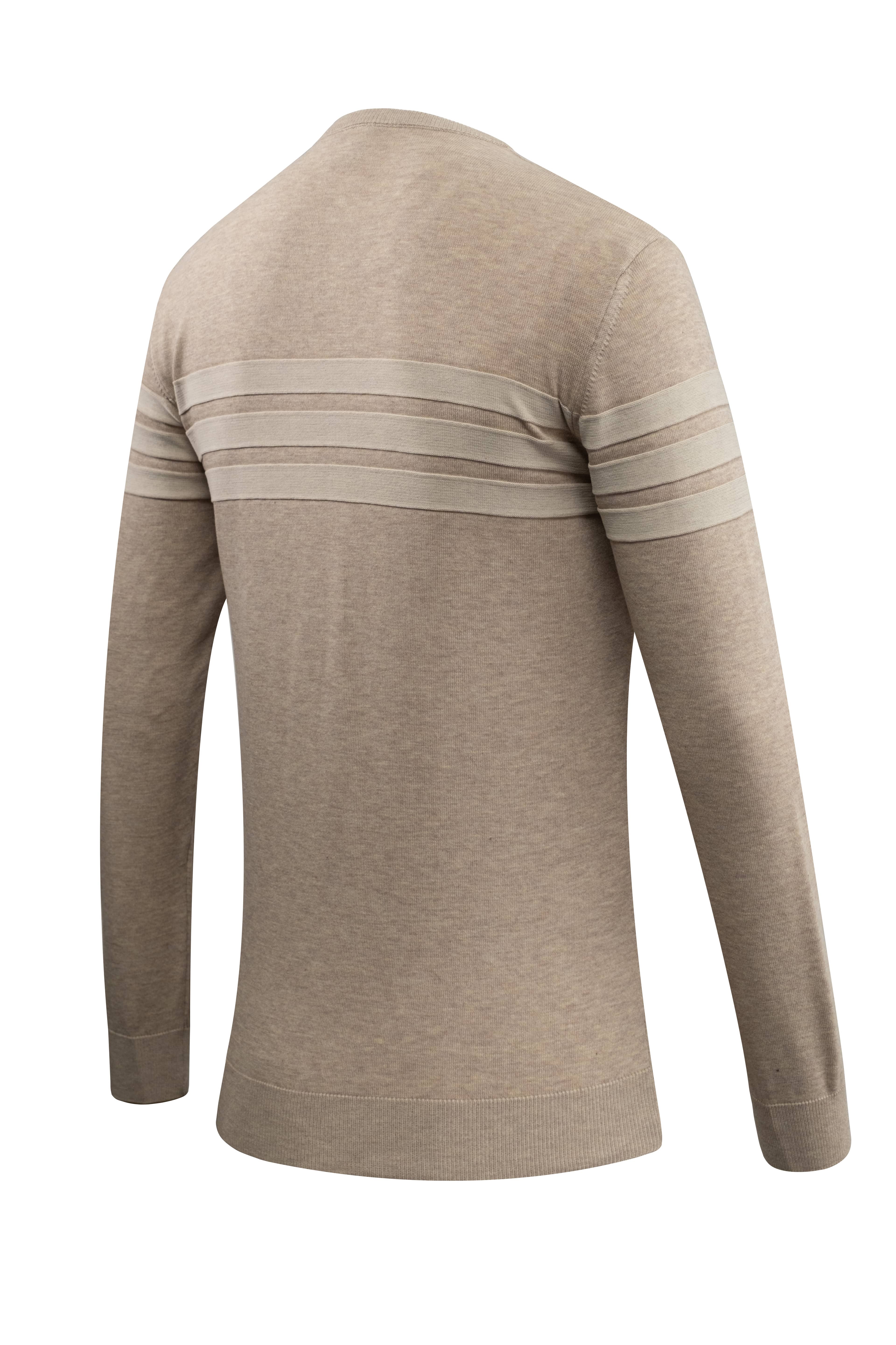 Erkek Sıfır Yaka Kazak Triko Şerit Desenli Klasik Kalıp - 5247C - BEIGE