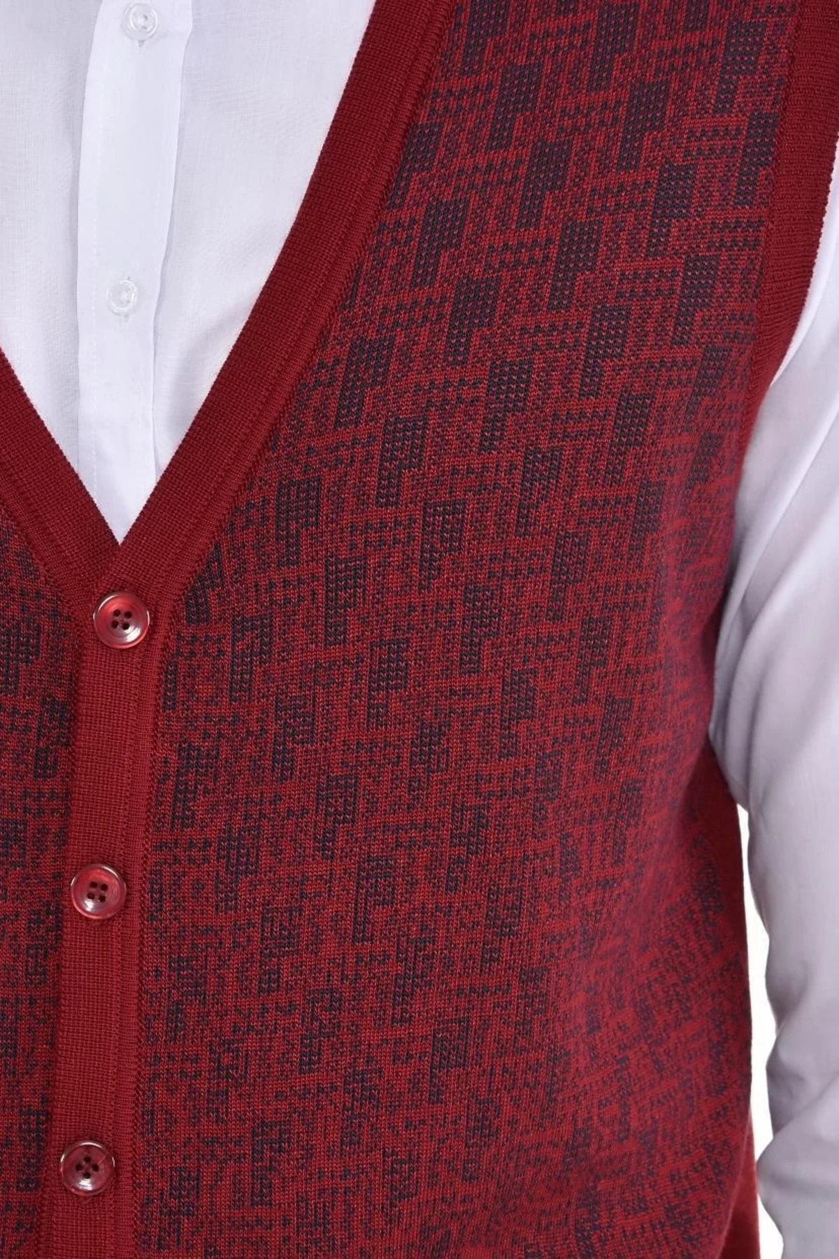 Erkek Triko V Yaka Bordo Yelek Düğmeli Cep Detaylı Desenli Bel Lastikli Çelik Örgü