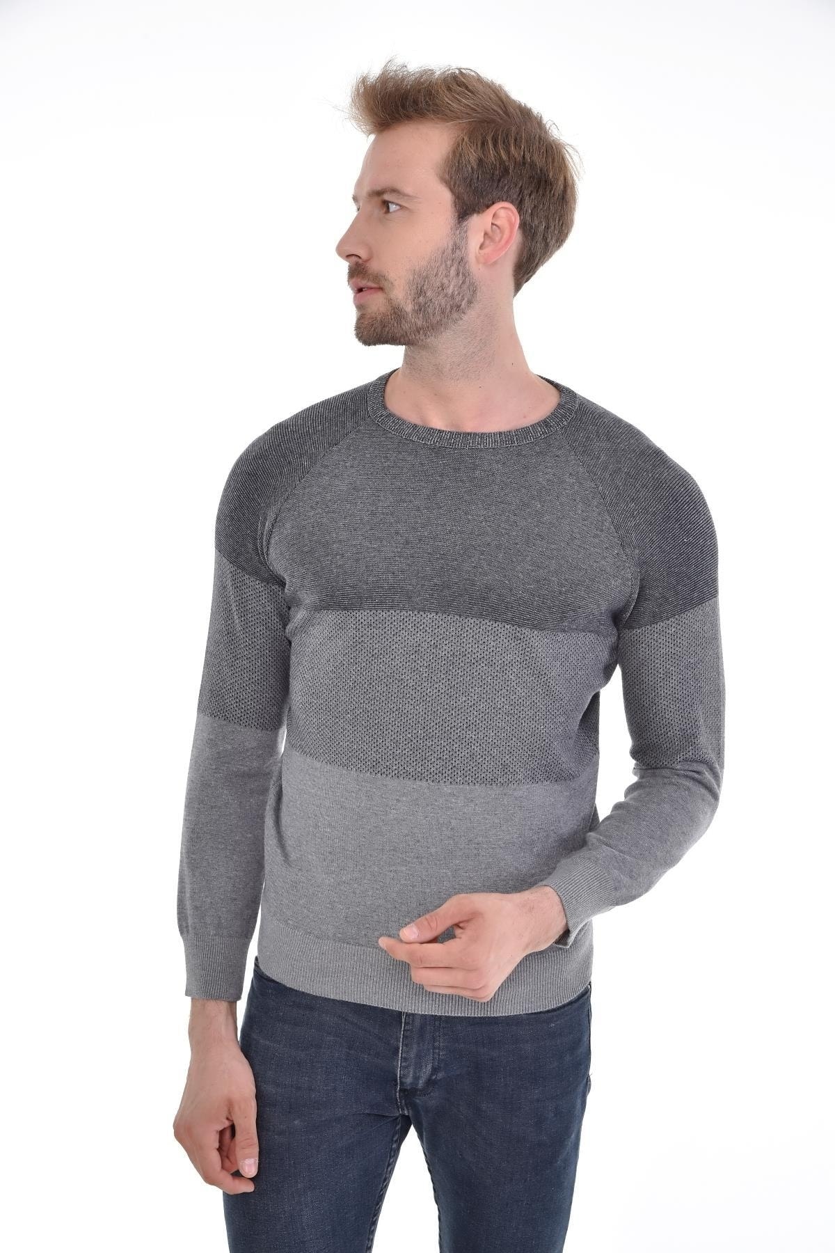 Erkek Sıfır Yaka Pamuklu Triko Gri Kazak Desenli Kol Ve Bel Lastikli Dokuma