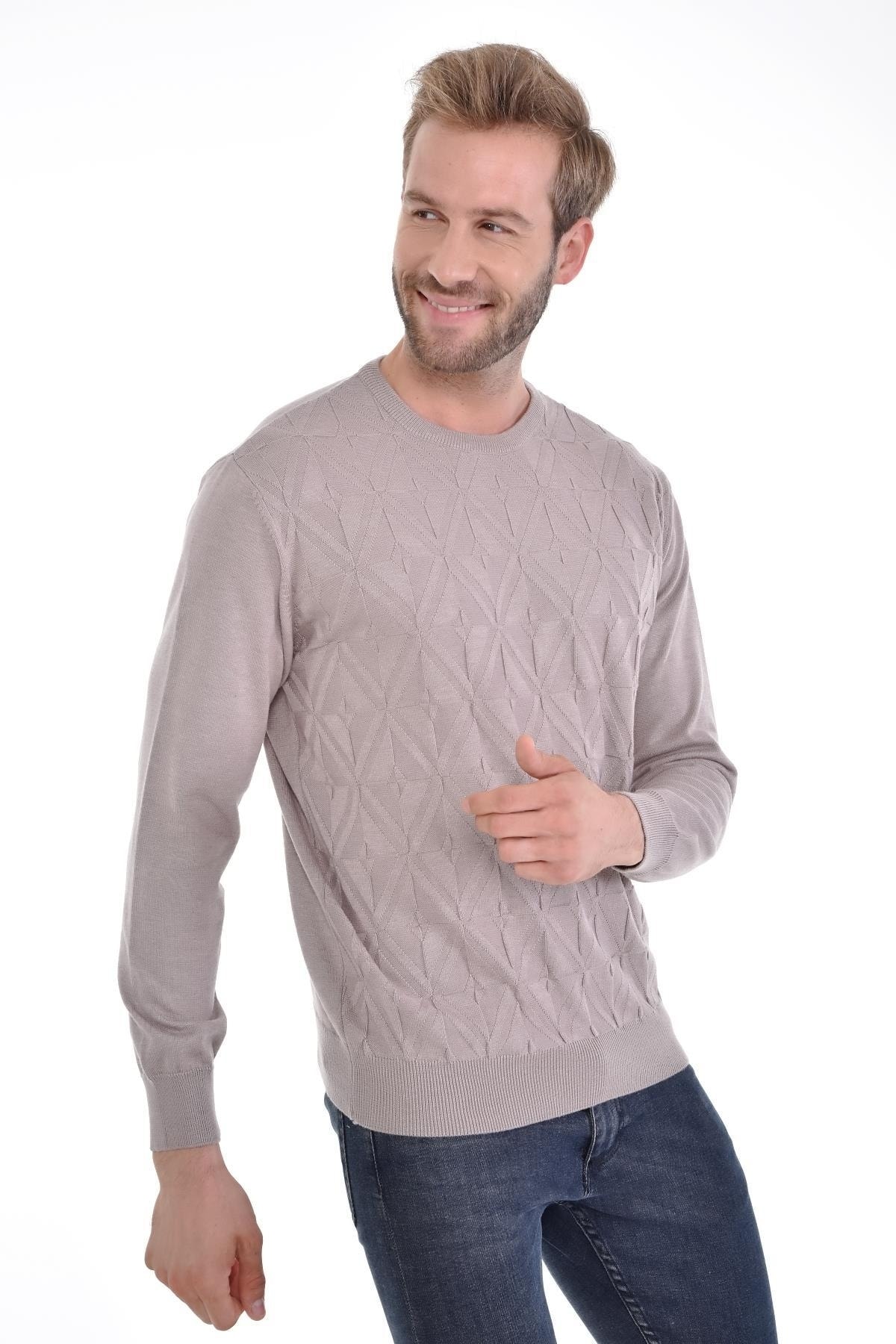 Erkek Sıfır Yaka Pamuklu Triko Bej Kazak Desenli Kol Ve Bel Lastikli Dokuma