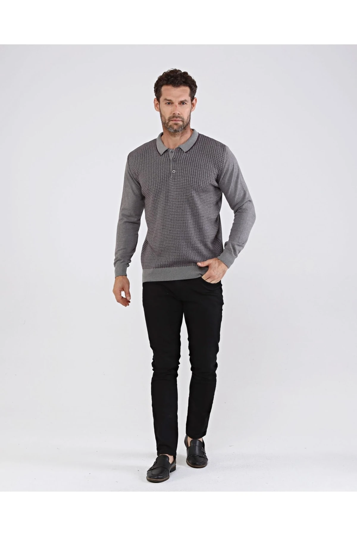Erkek Polo Yaka Pamuklu Triko Gri Kazak Desenli Kol Ve Bel Lastikli Regular Kalıp