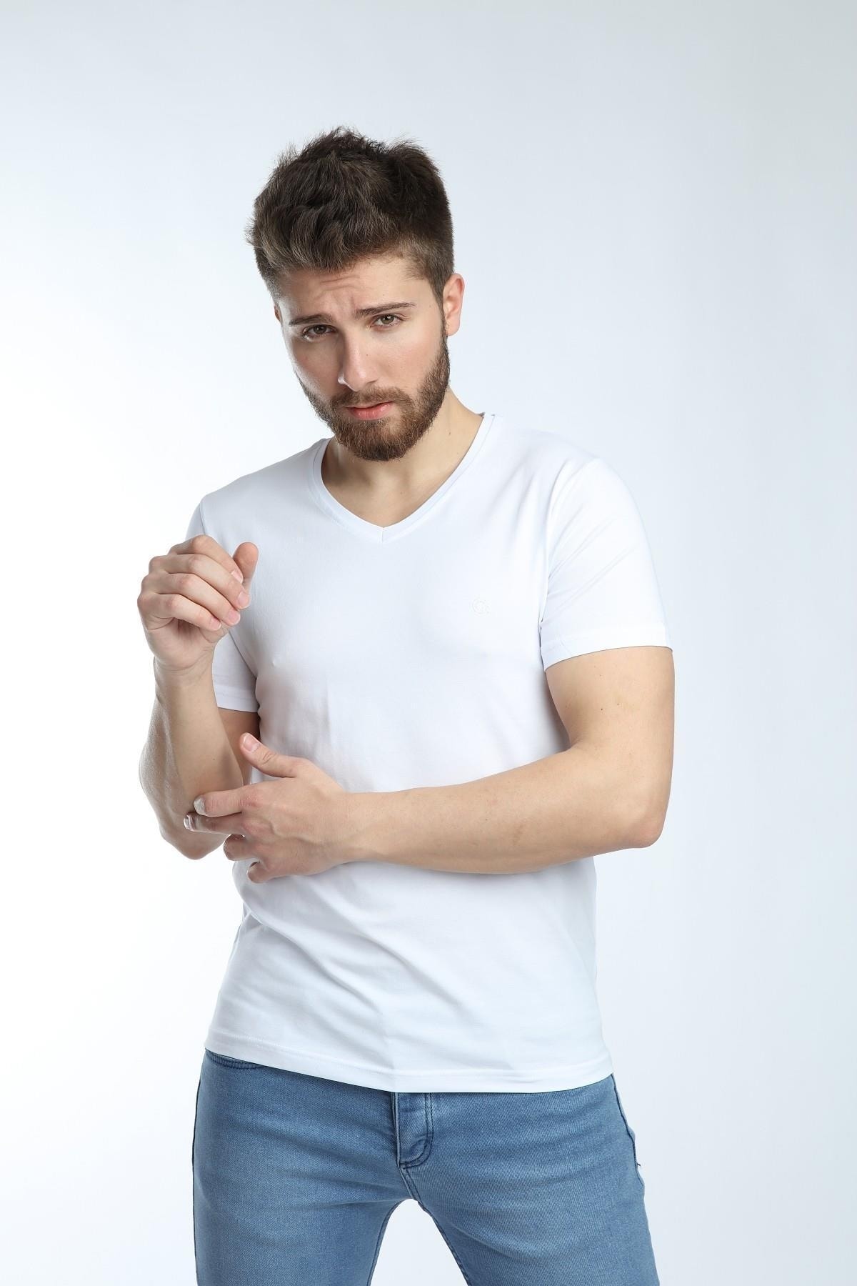 Erkek V Yaka Basic Tişört Düz Beyaz Renk Slim Fit