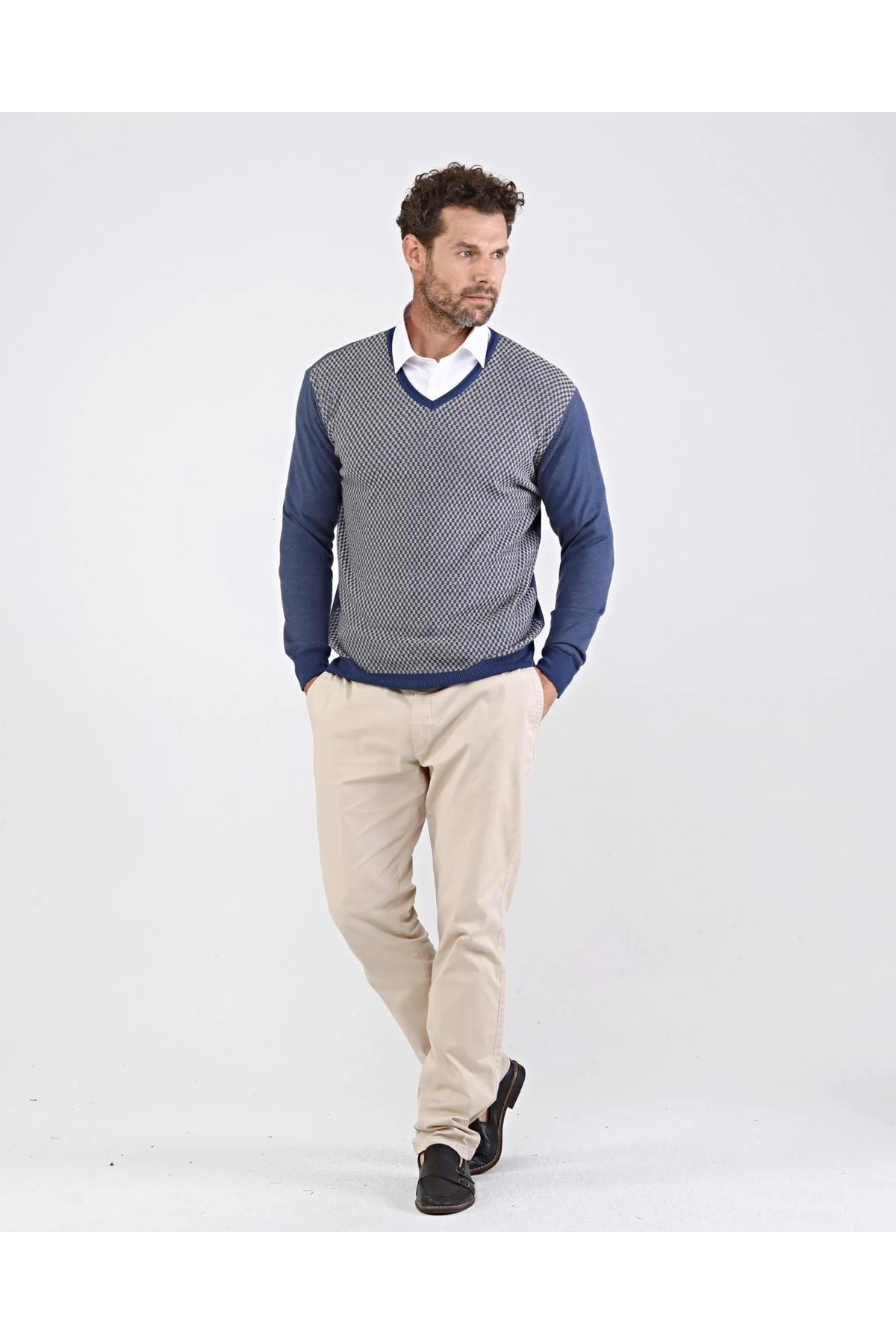 Battal Erkek V Yaka Pamuklu Triko Indigo Kazak Desenli Kol,bel Lastikli Regular Kalıp