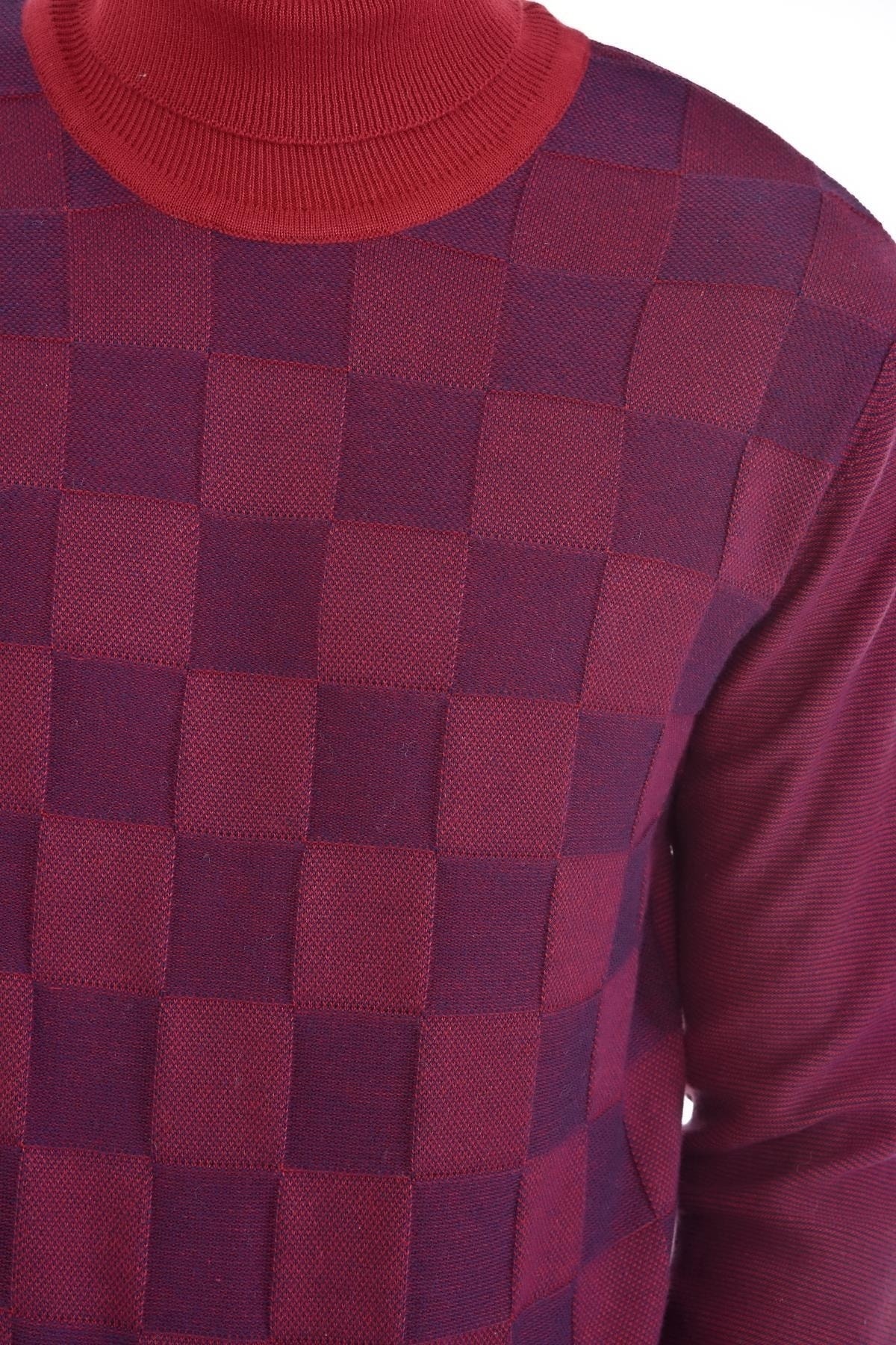 Erkek Tam Balıkçı Yaka Pamuklu Triko Bordo Kazak Desenli Kol Ve Bel Lastikli Dokuma