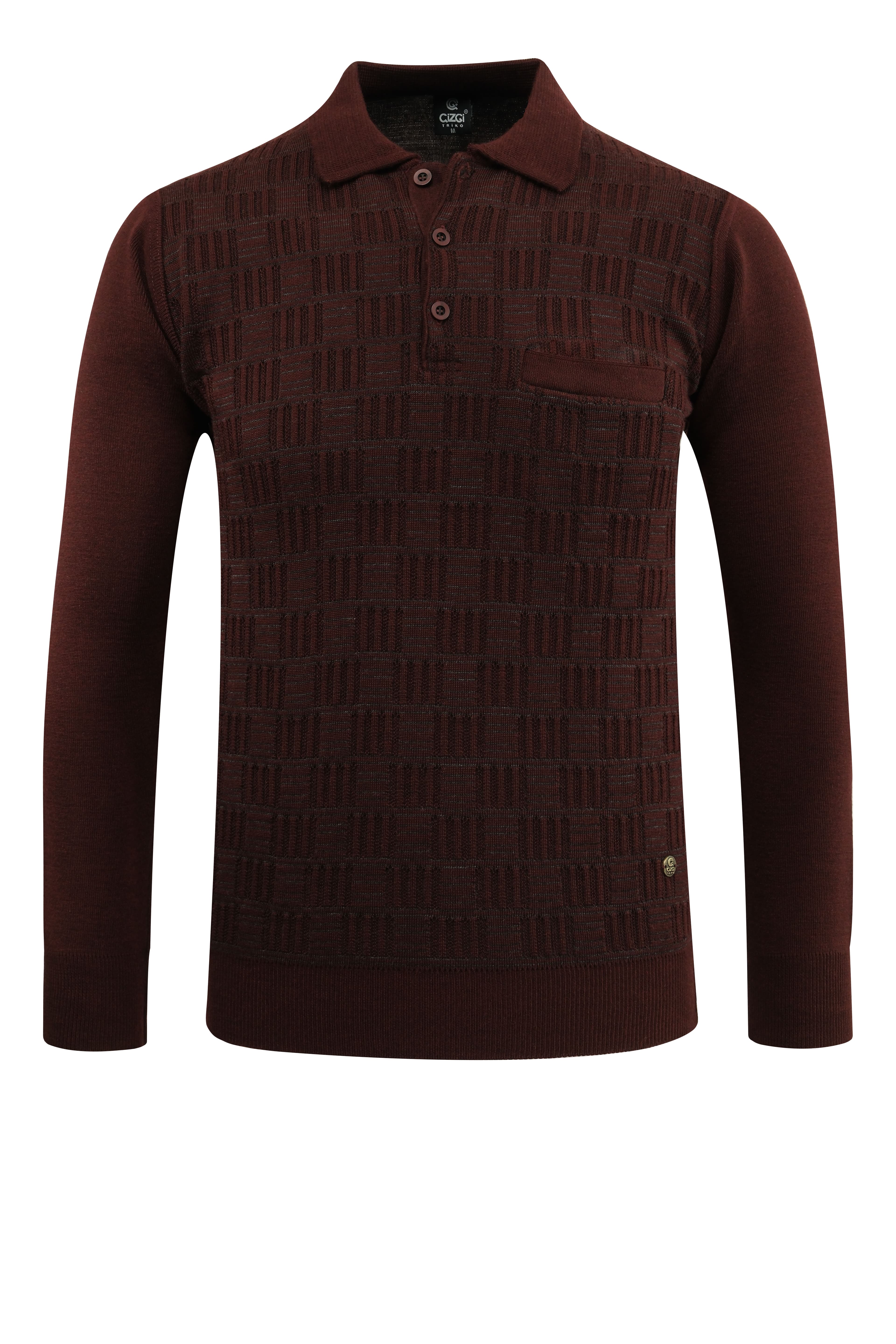 Erkek Polo Yaka Kazak Cepli Kabarmalı Çelik Örgü Klasik Kalıp - 5215F - BORDO