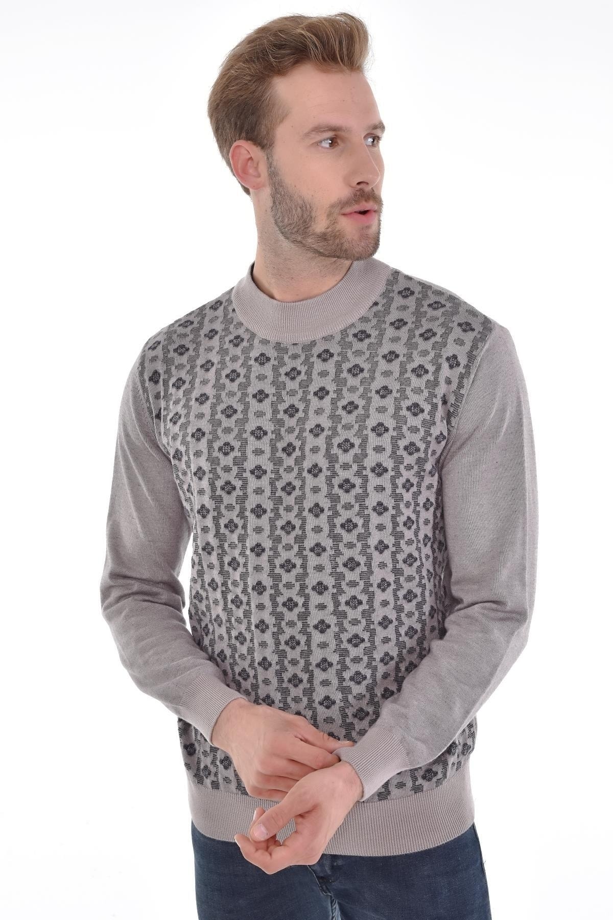 Erkek Yarım Balıkçı Yaka Pamuklu Triko Bej Kazak Desenli Kol Ve Bel Lastikli Dokuma