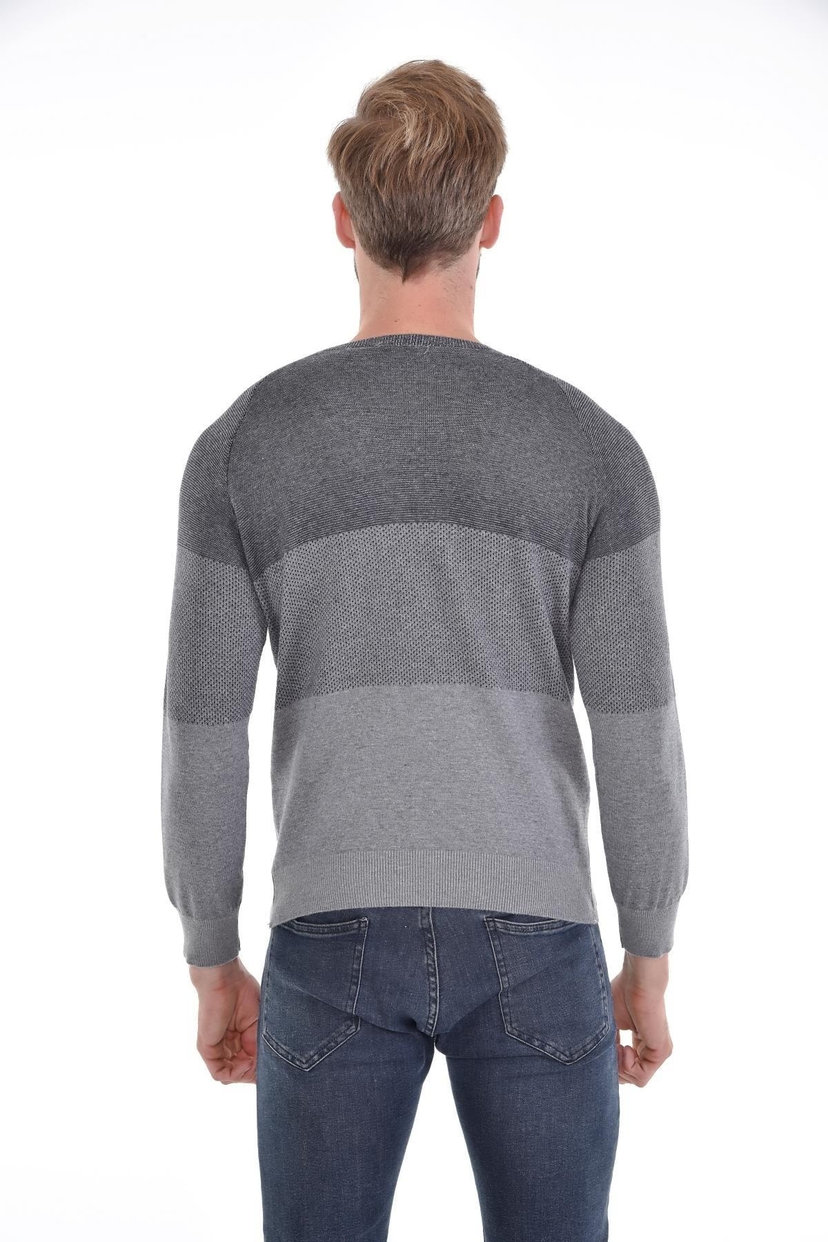 Erkek Sıfır Yaka Pamuklu Triko Gri Kazak Desenli Kol Ve Bel Lastikli Dokuma