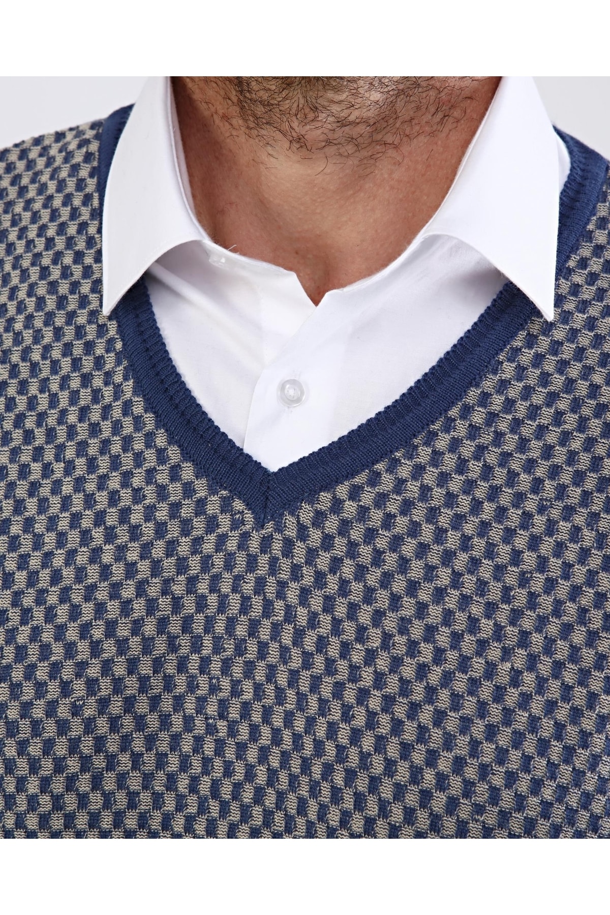 Battal Erkek V Yaka Pamuklu Triko Indigo Kazak Desenli Kol,bel Lastikli Regular Kalıp