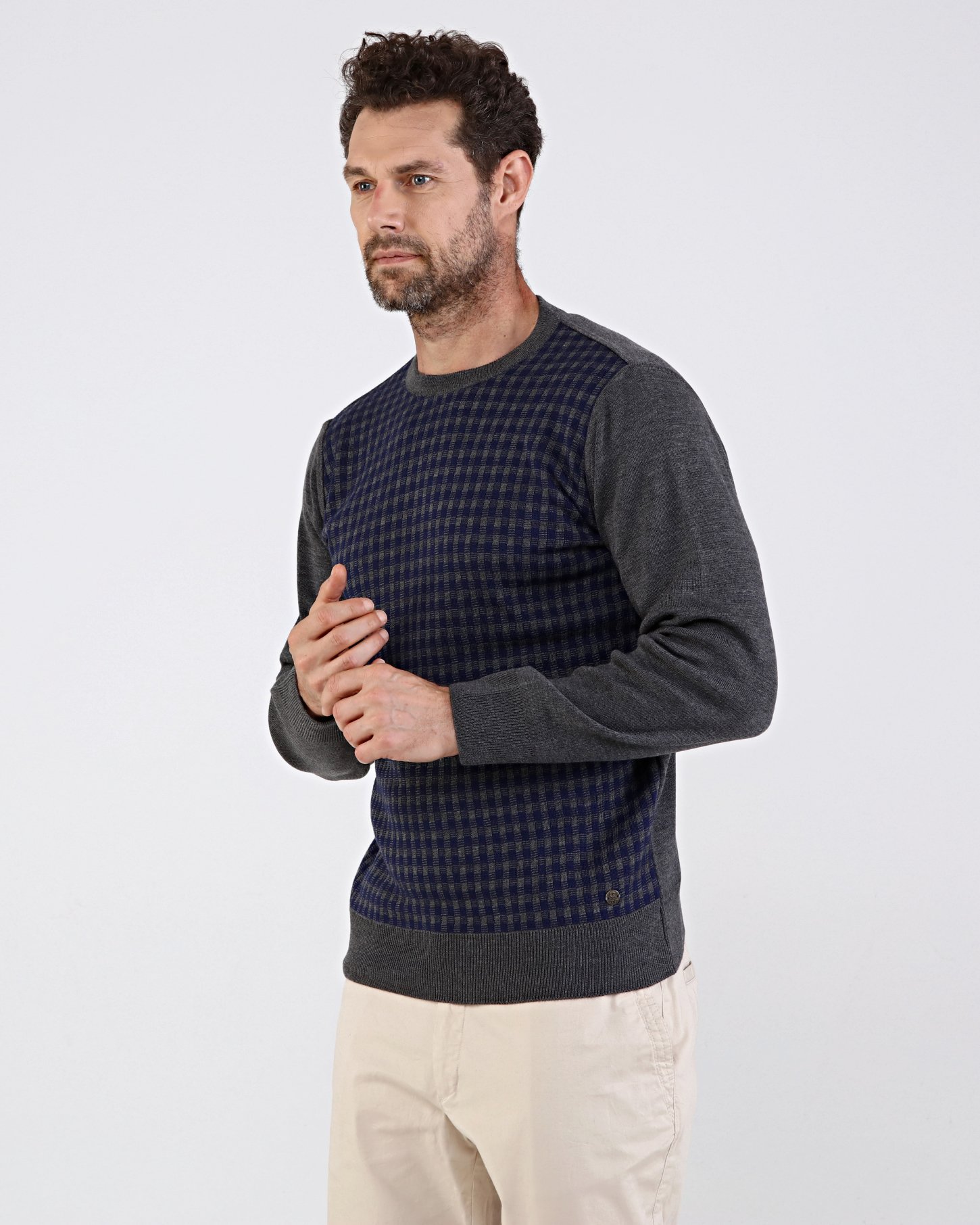 Striped Knitwear Oversize Men's Crew Neck Knitwear Sweater Patterned Steel Knit Classic with Sleeve and Waist Elastic - GRİ