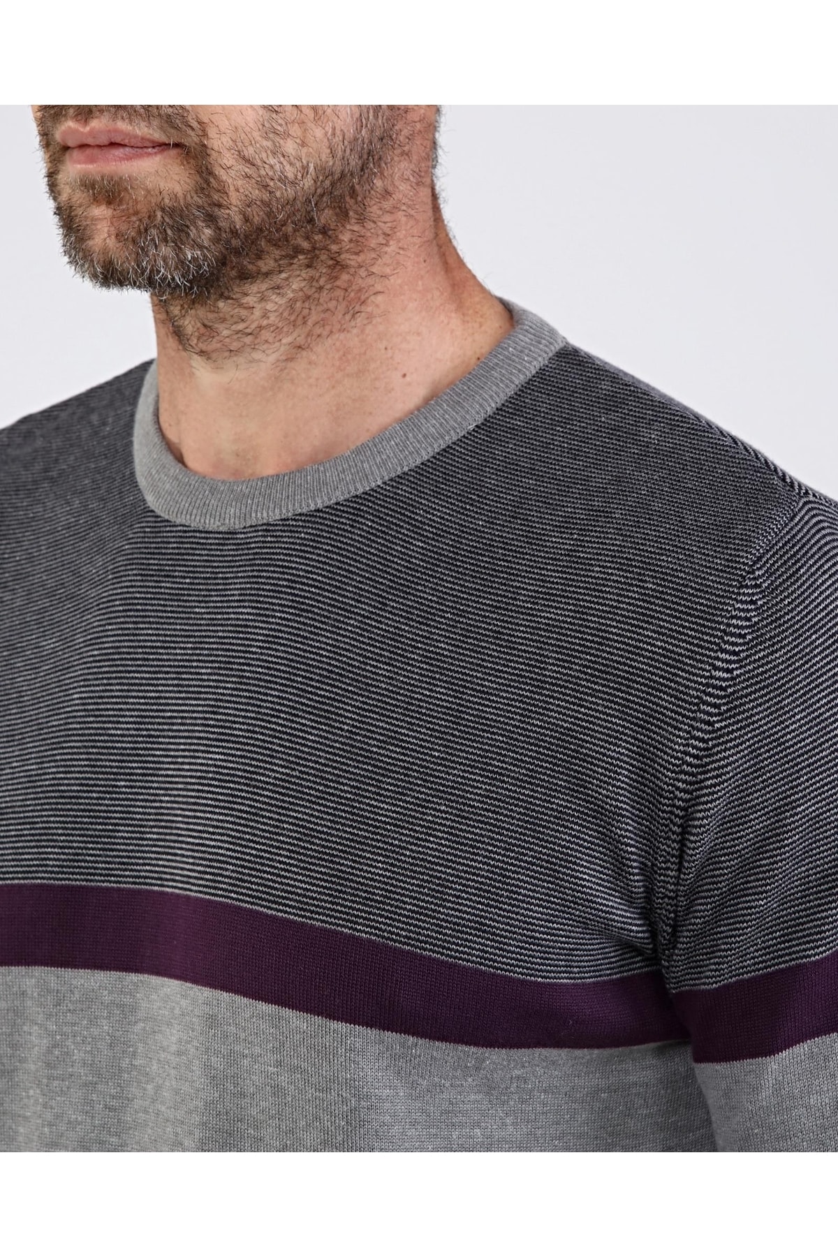 Erkek Sıfır Yaka Pamuklu Triko Gri Kazak Desenli Kol Ve Bel Lastikli Regular Kalıp