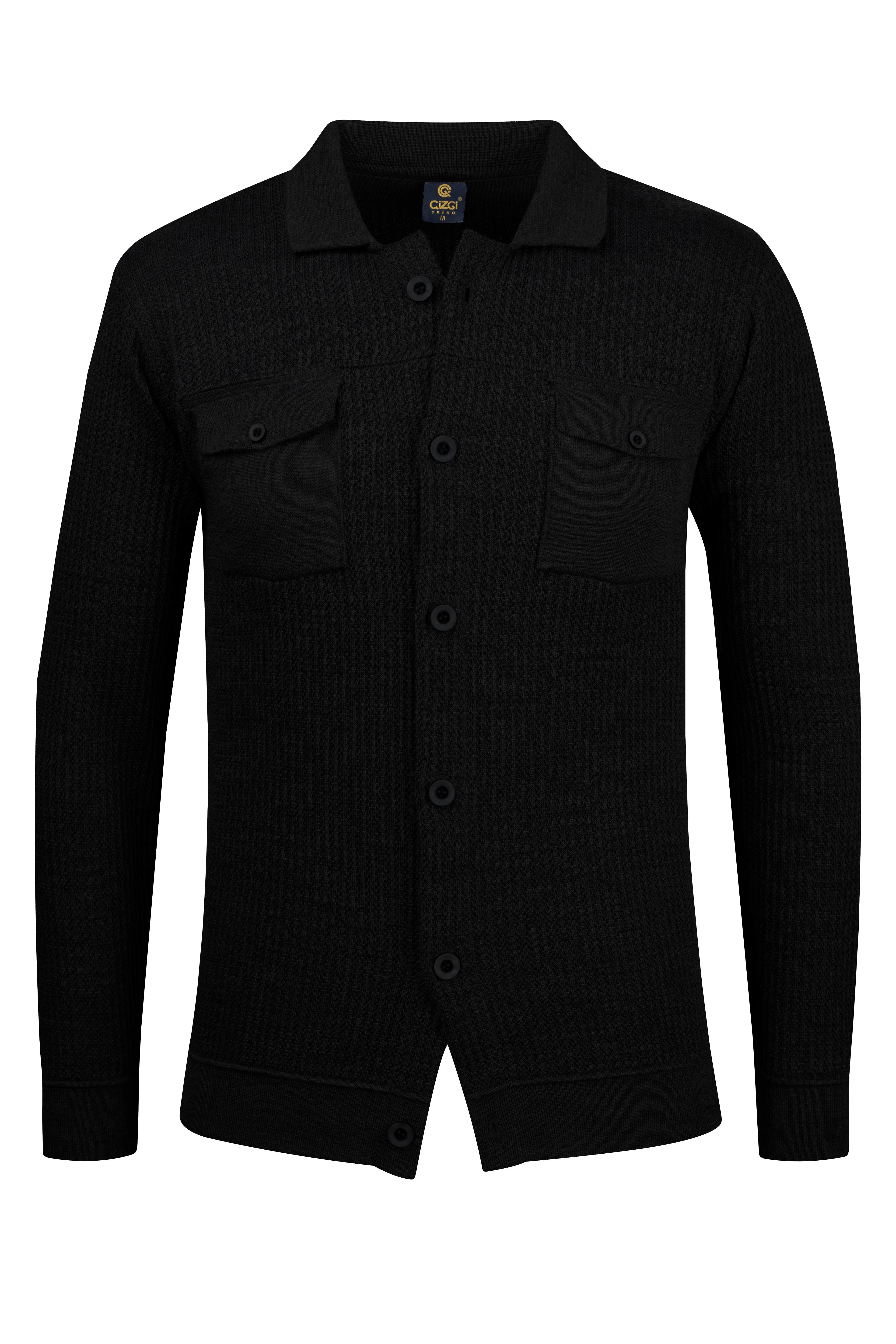 Stripe Knitwear Men's Buttoned Double Pocket Knitwear Knitted Patterned Blazer Single Jacket Regular Pattern -5017G - BLACK