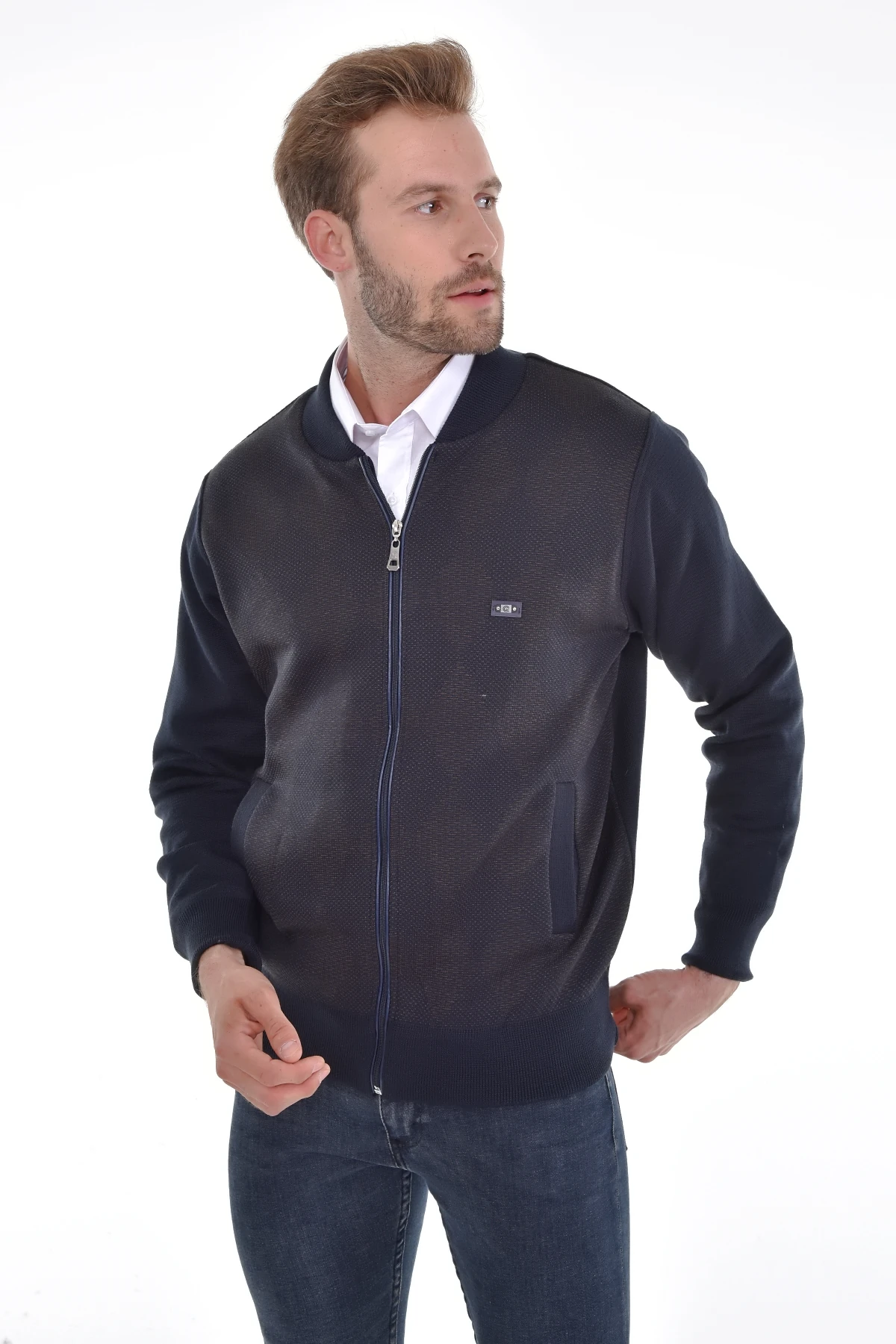 Çizgi Triko Erkek Hakim Yaka Astarlı Triko Mont Fermuarlı Desenli Çelik Örgü