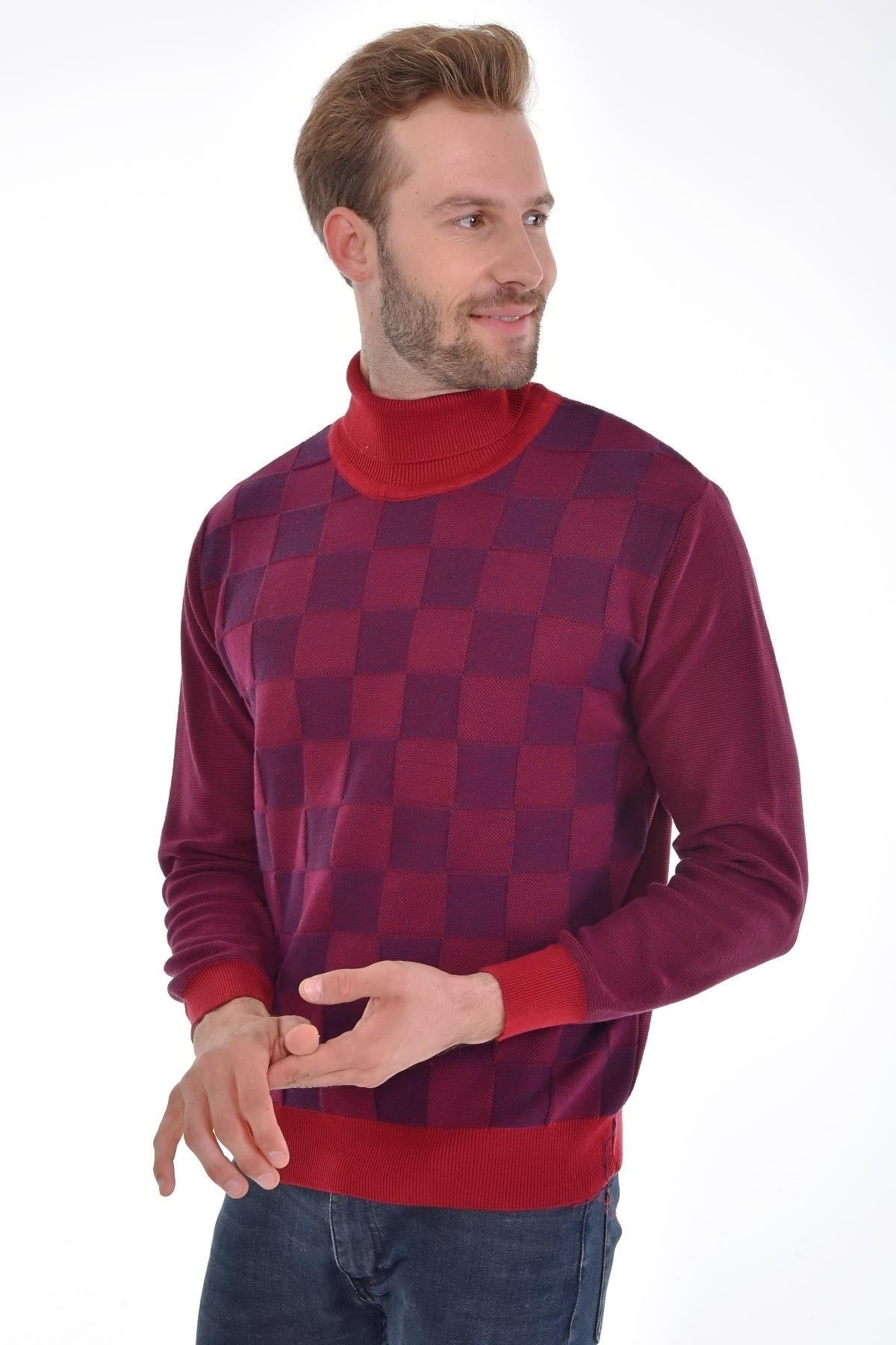 Erkek Tam Balıkçı Yaka Pamuklu Triko Bordo Kazak Desenli Kol Ve Bel Lastikli Dokuma