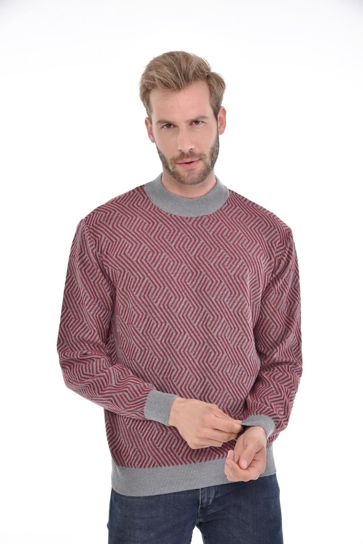 Erkek Yarım Balıkçı Yaka Pamuklu Triko Gri Kazak Desenli Kol Ve Bel Lastikli Dokuma