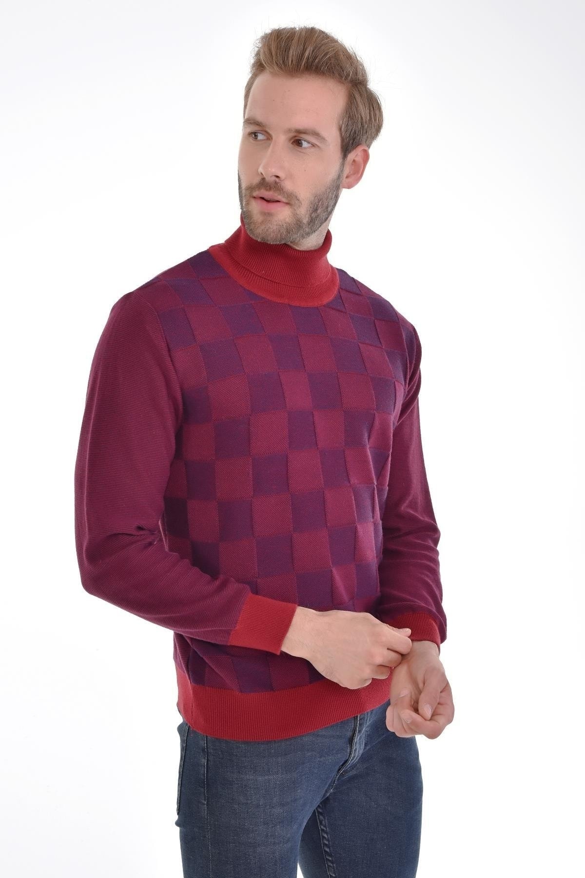 Erkek Tam Balıkçı Yaka Pamuklu Triko Bordo Kazak Desenli Kol Ve Bel Lastikli Dokuma