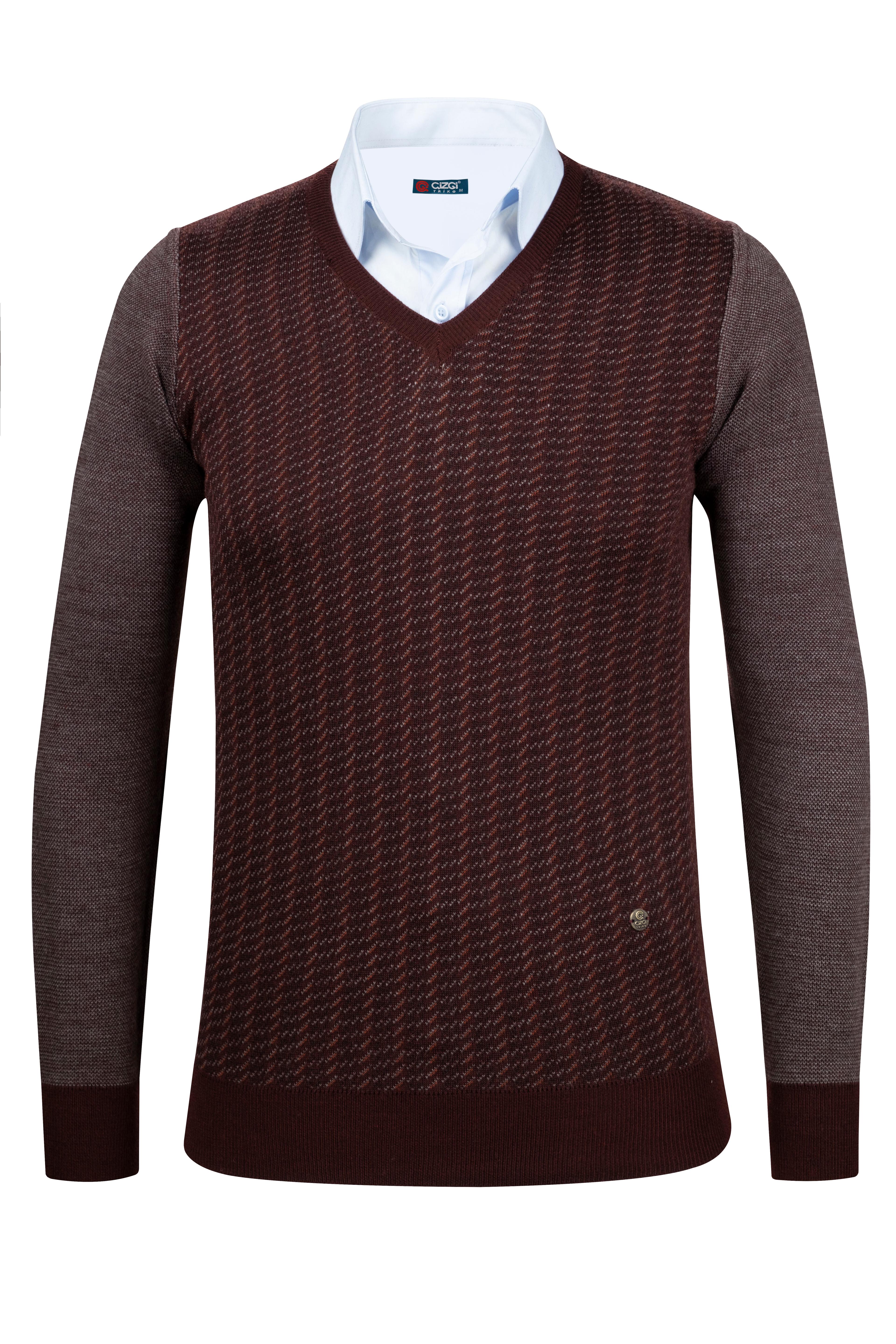 Stripe Knitwear Men's V-Neck Knitwear Sweater Patterned Sleeve and Waist Elastic Steel Knitted Classic Pattern - 5010D - BORDO