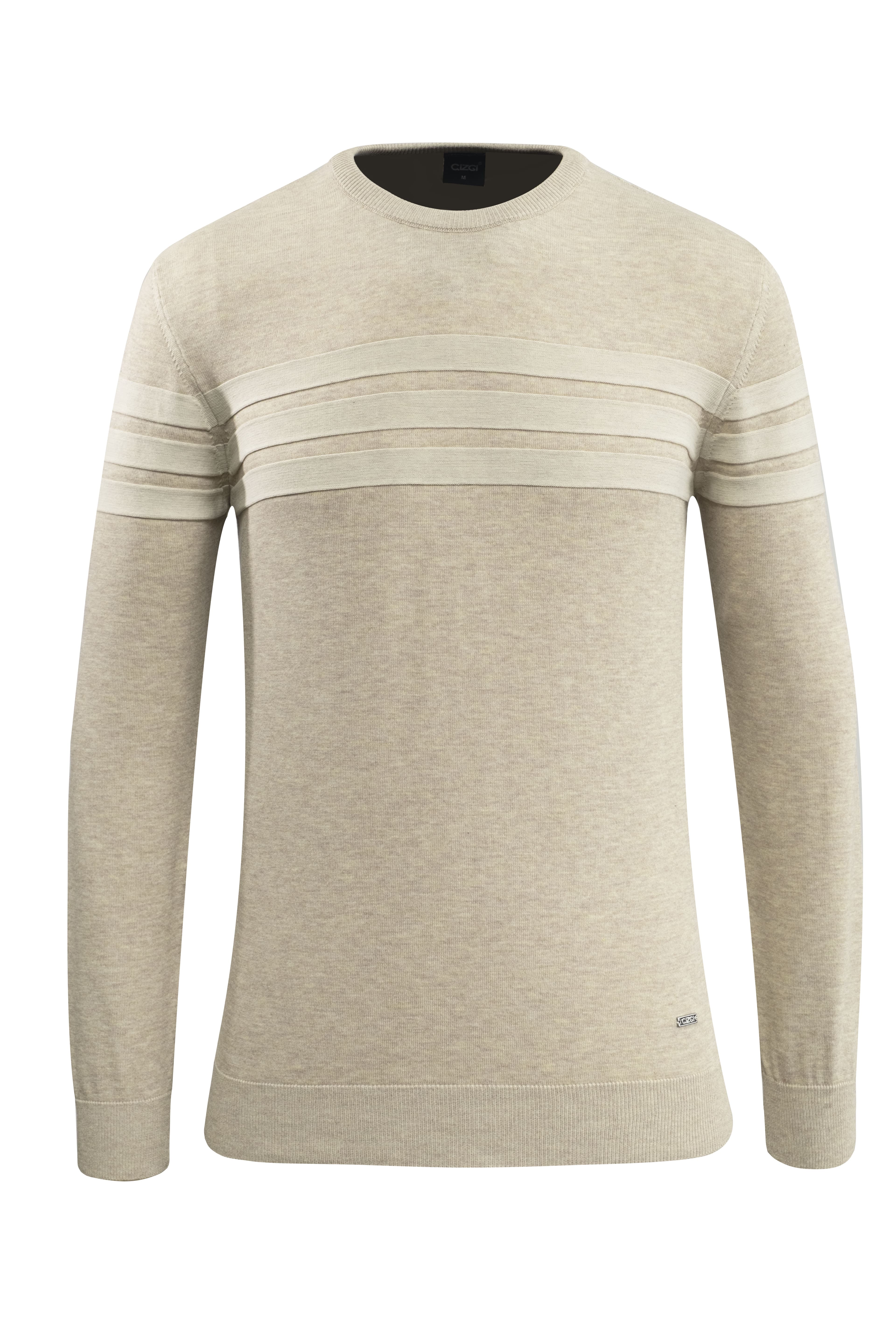 Erkek Sıfır Yaka Kazak Triko Şerit Desenli Klasik Kalıp - 5247C - BEIGE