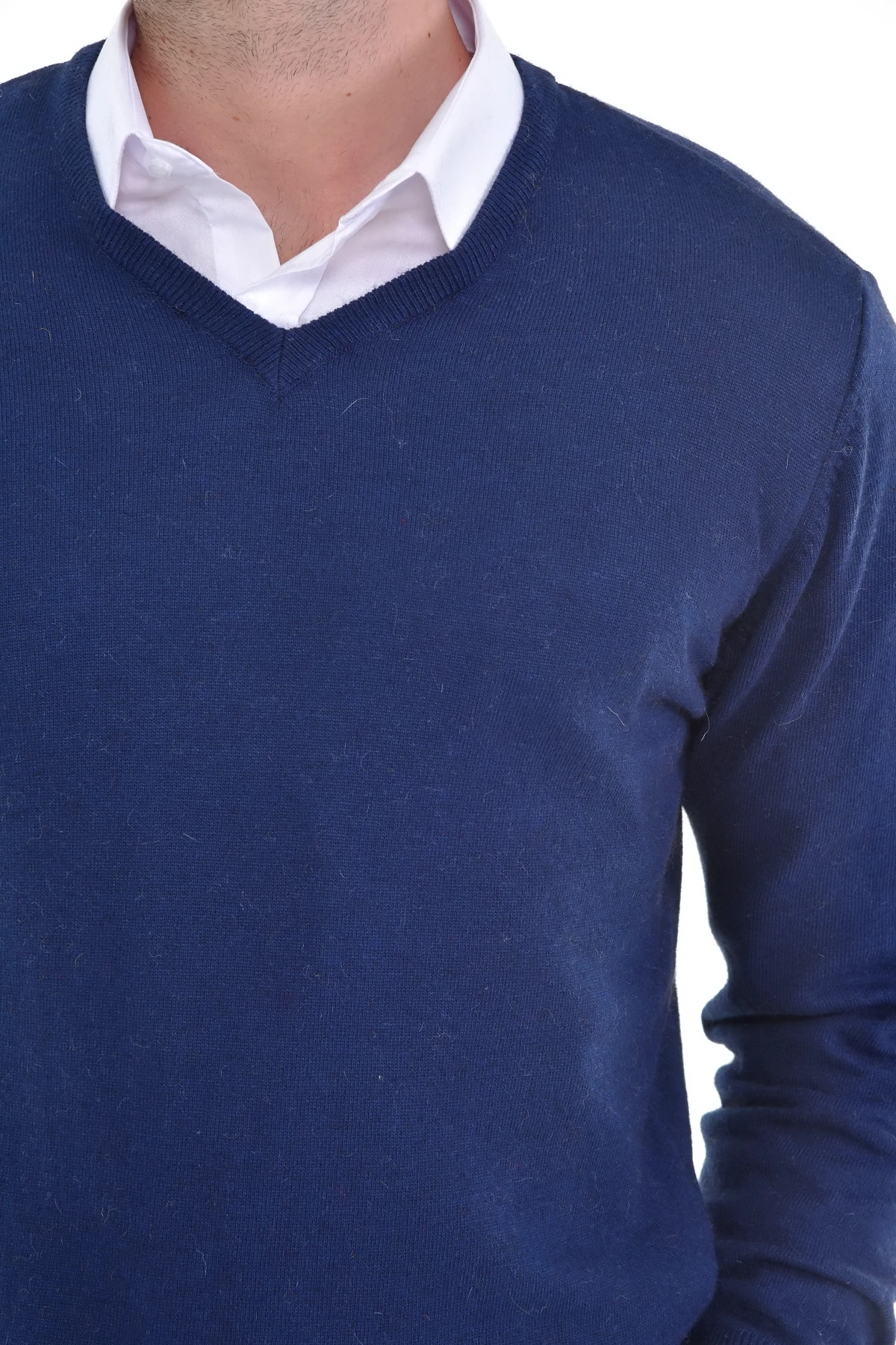 Çizgi Triko Erkek V Yaka Beyaz Angora Tavşan Yünlü Kazak Regular Kalıp - 4462D