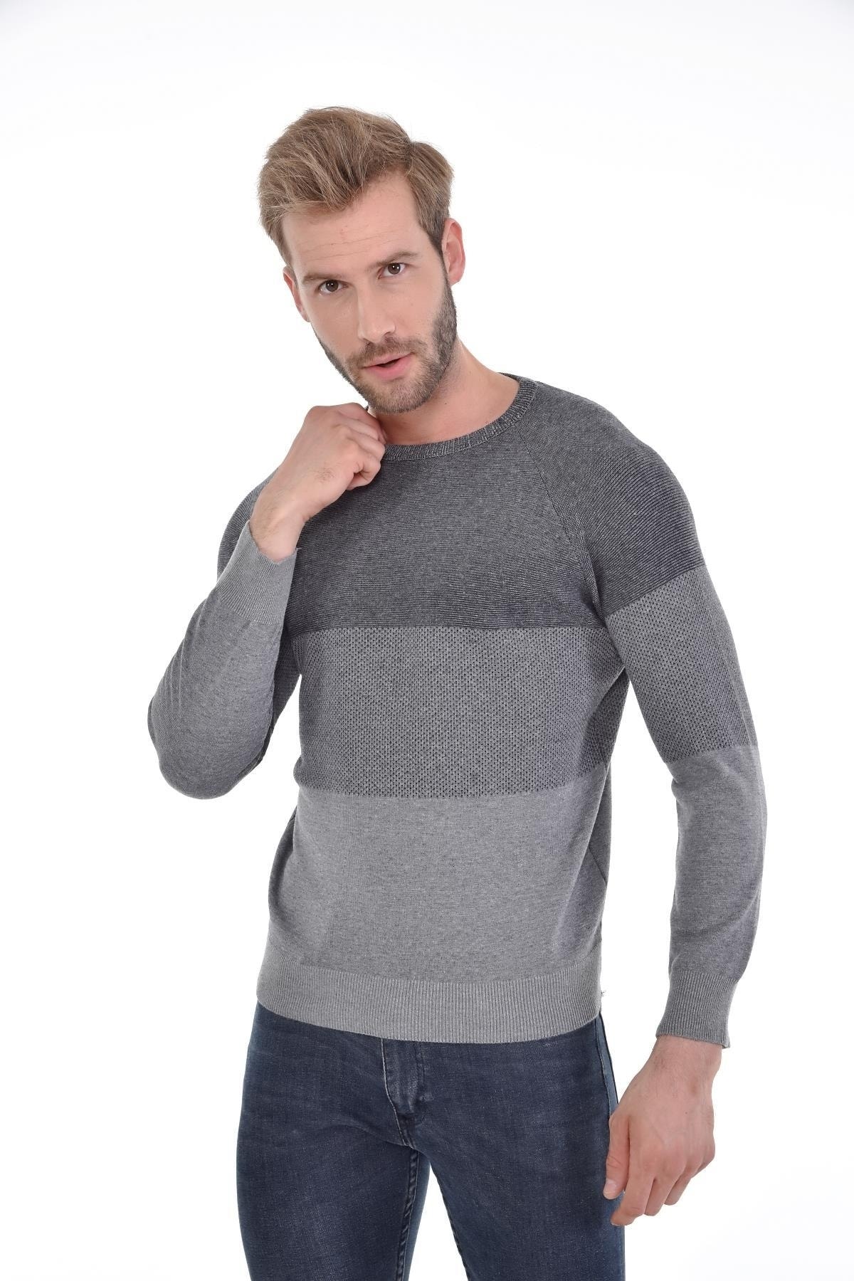 Erkek Sıfır Yaka Pamuklu Triko Gri Kazak Desenli Kol Ve Bel Lastikli Dokuma