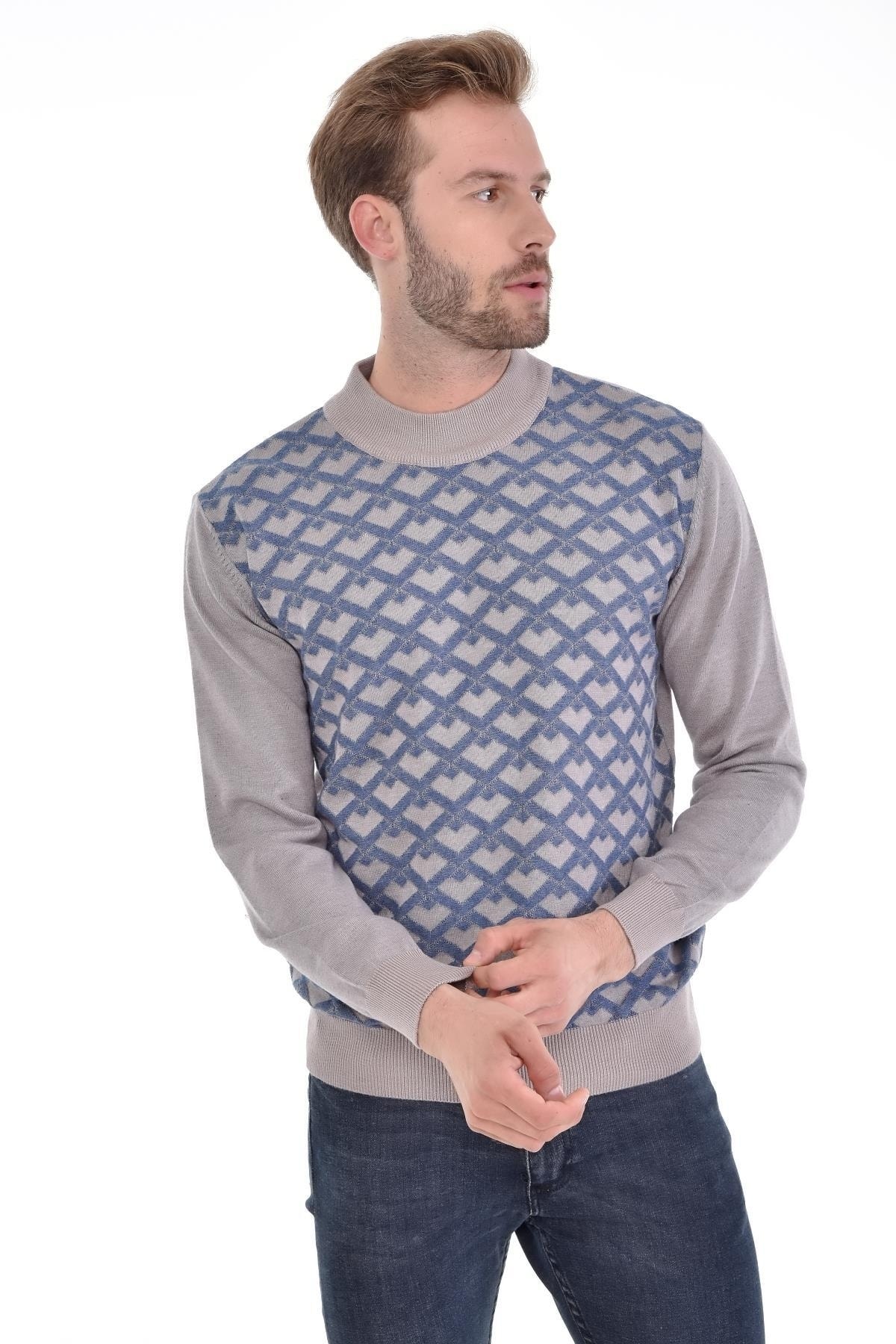 Erkek Yarım Balıkçı Yaka Pamuklu Triko Bej Kazak Desenli Kol Ve Bel Lastikli Dokuma