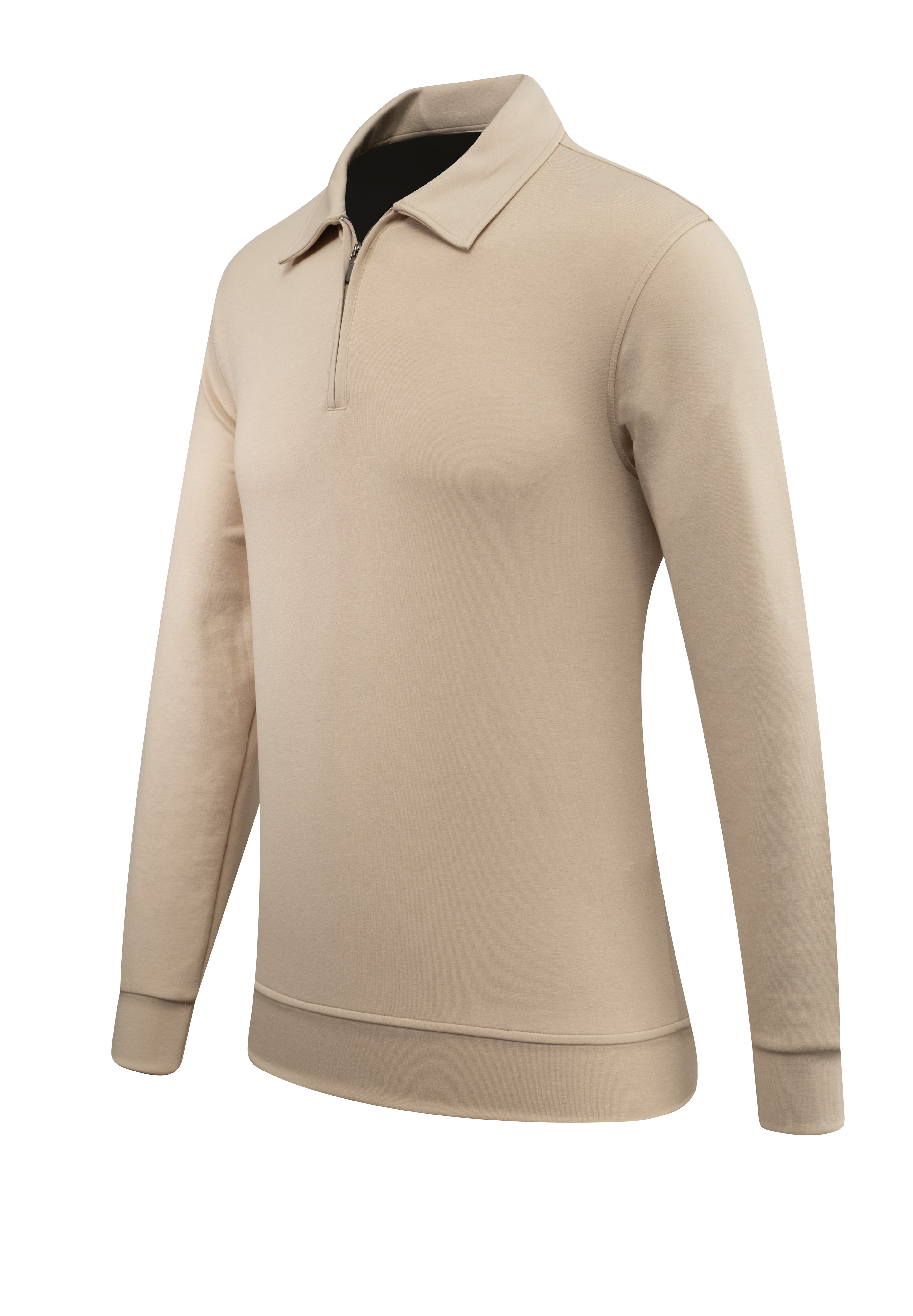 Erkek Polo Yaka Fermuarlı Sweat Düz Renk Klasik Kalıp - 5230F - BEIGE