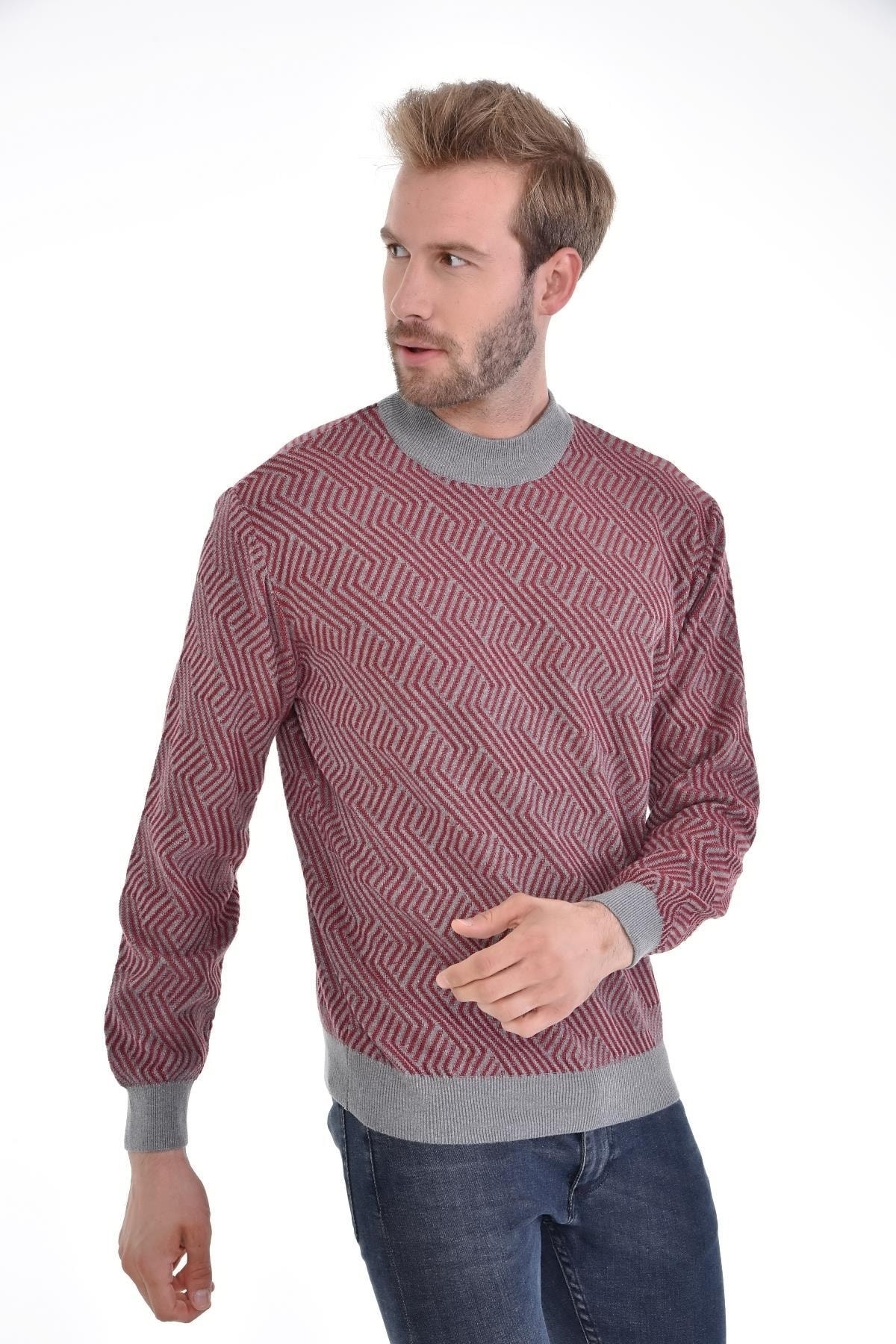 Erkek Yarım Balıkçı Yaka Pamuklu Triko Gri Kazak Desenli Kol Ve Bel Lastikli Dokuma