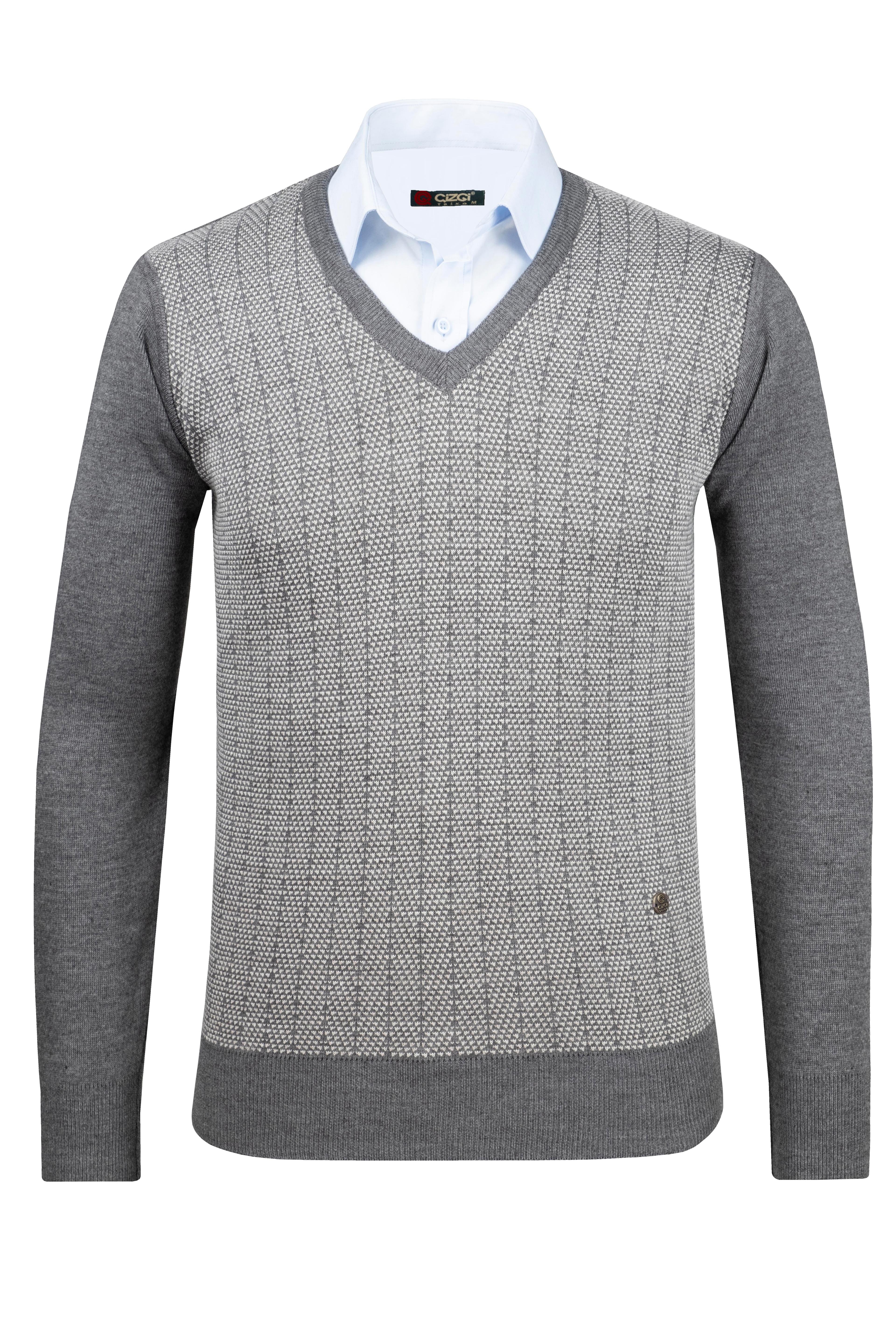 Stripe Knitwear Men's V-Neck Knitwear Sweater Patterned Sleeve and Waist Elastic Steel Knitted Classic Pattern - 5007D - GRİ