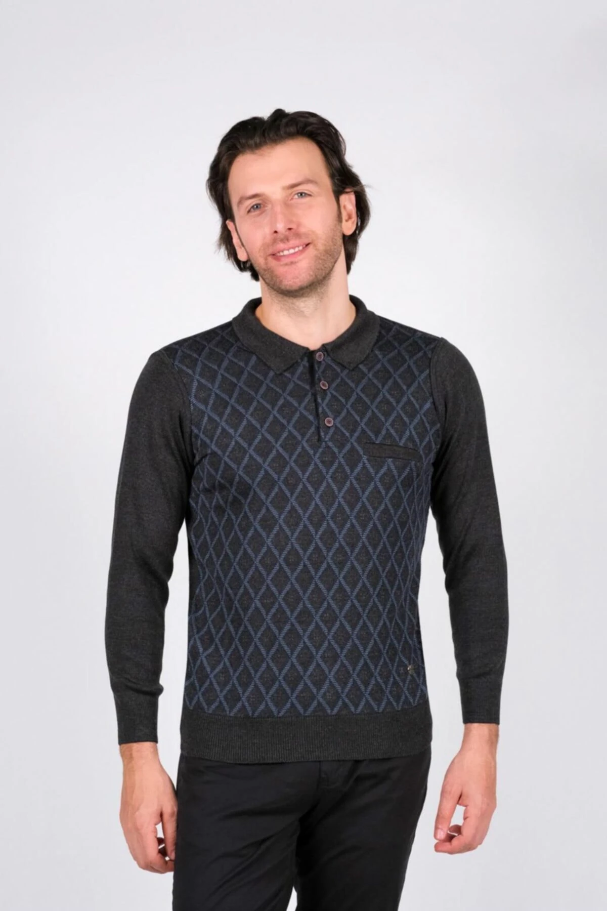 Erkek Polo Yaka Triko Kazak Cep Detaylı Baklava Desenli Kışlık Bel Ve Kol Lastikli Dokum