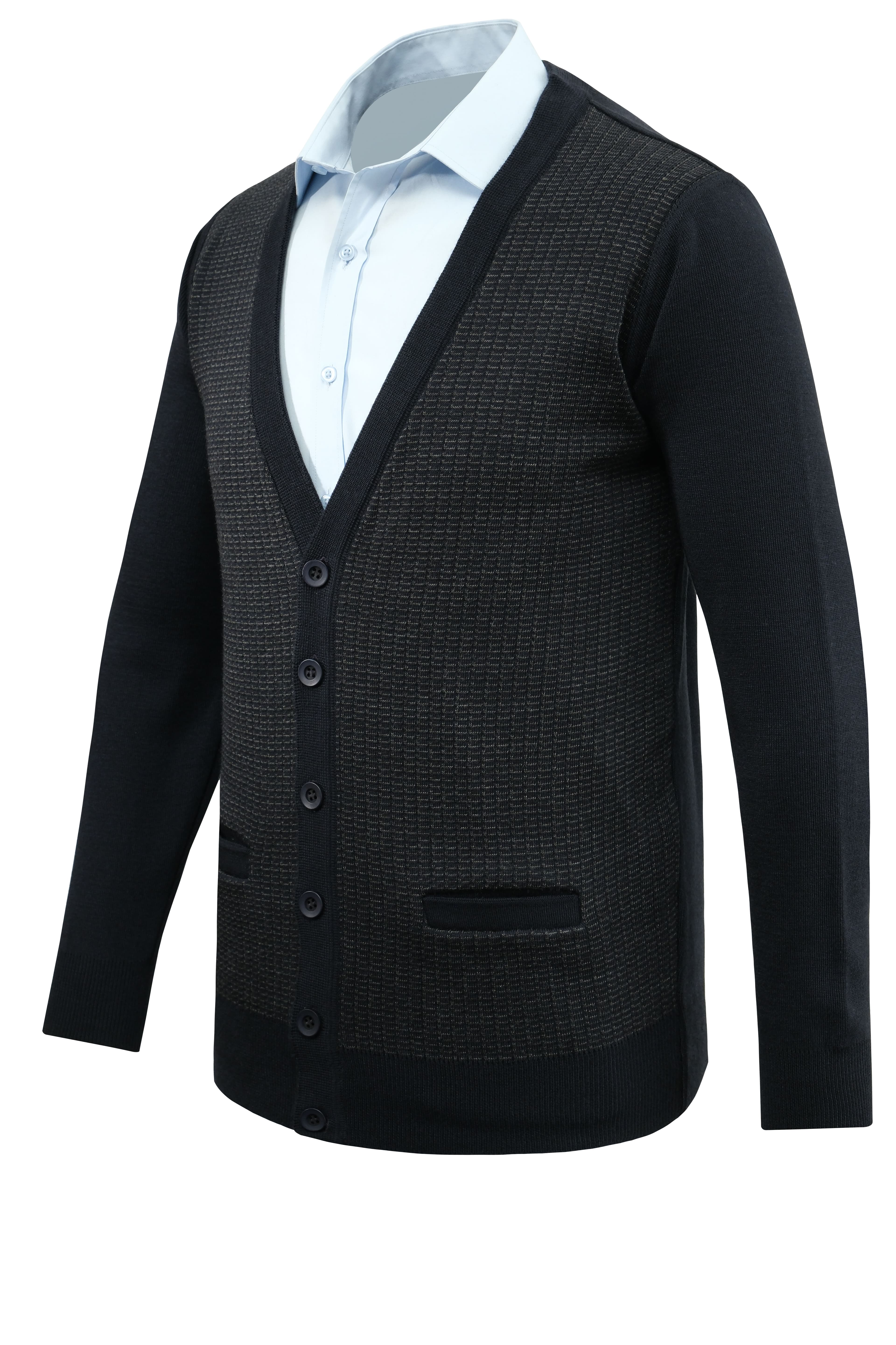 Erkek Düğmeli Hırka Cepli Desenli Çelik Örgü Klasik Kalıp - 5205M - NAVY BLUE
