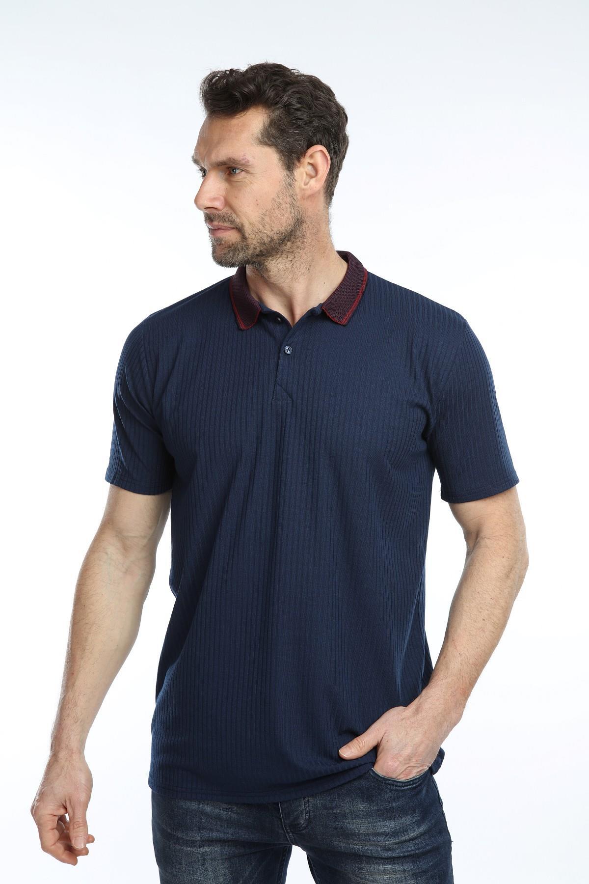 Erkek Polo Yaka Basic Tişört Fitilli Düz Lacivert Renk Slim Fit